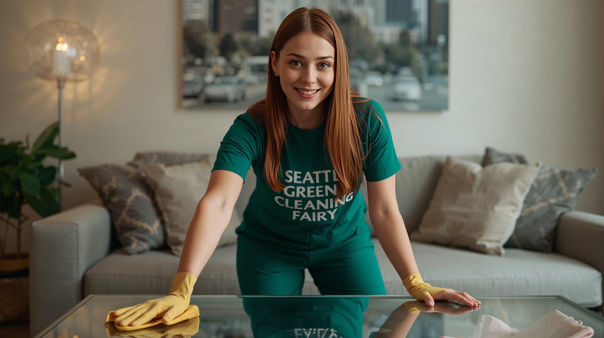 Professional house cleaning service in Beacon Hill Seattle featuring Seattle Green Cleaning Fairy technician detailing a modern living room