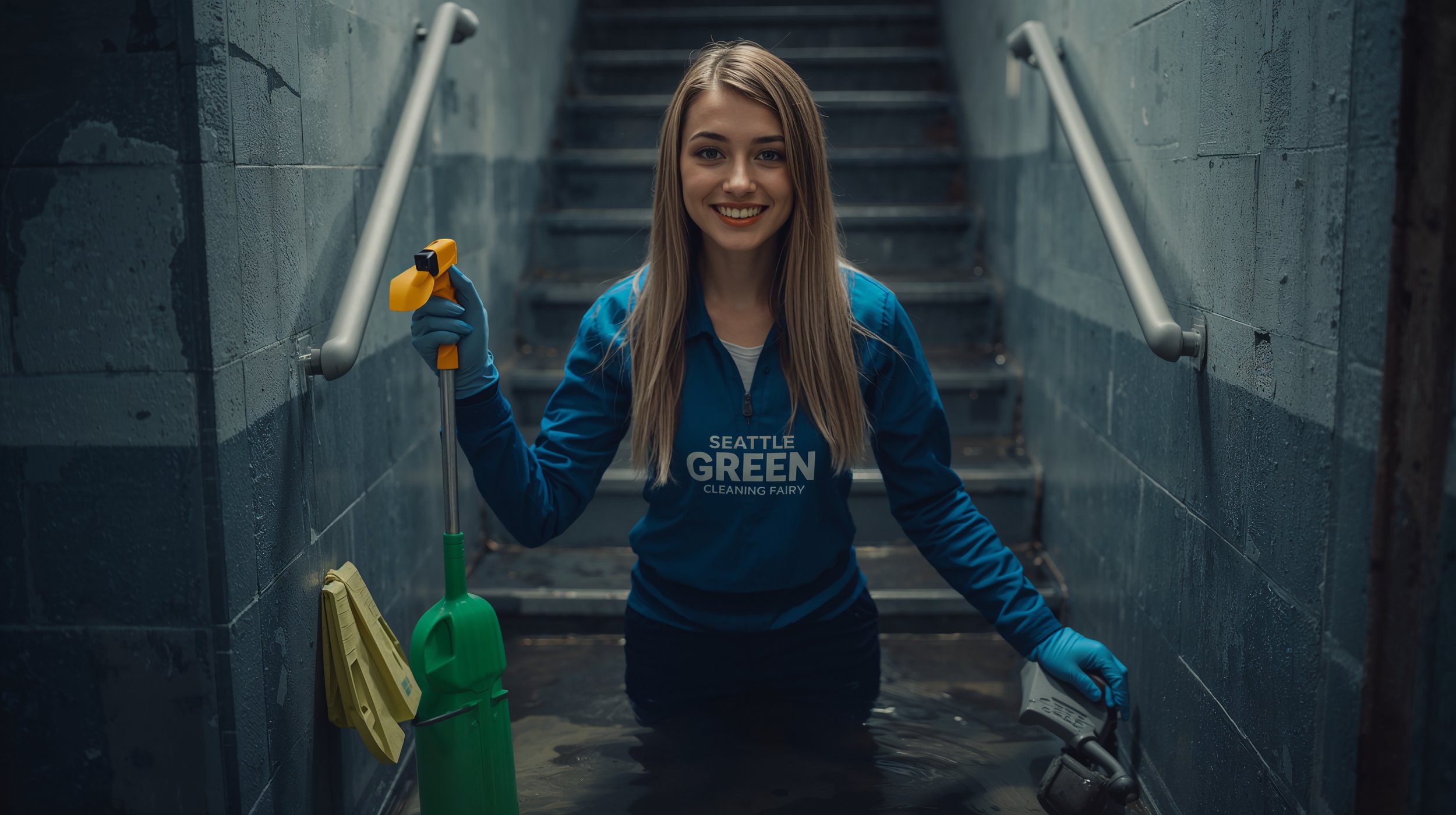Flood cleanup service targeting basement stairwell water damage in Seattle homes.