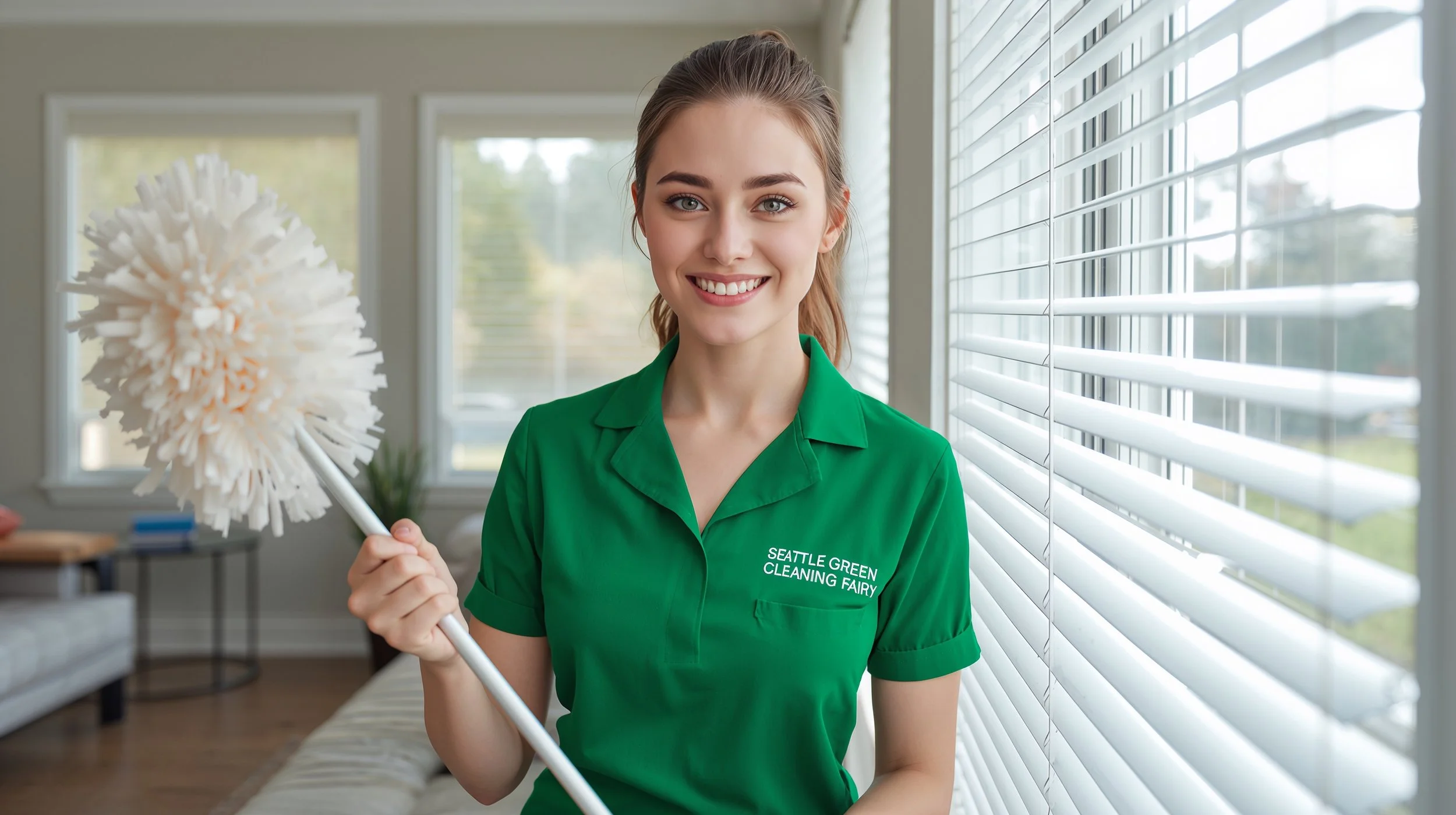 Seattle Green Cleaning Fairy cleaner dusting window blinds inside Burien WA home