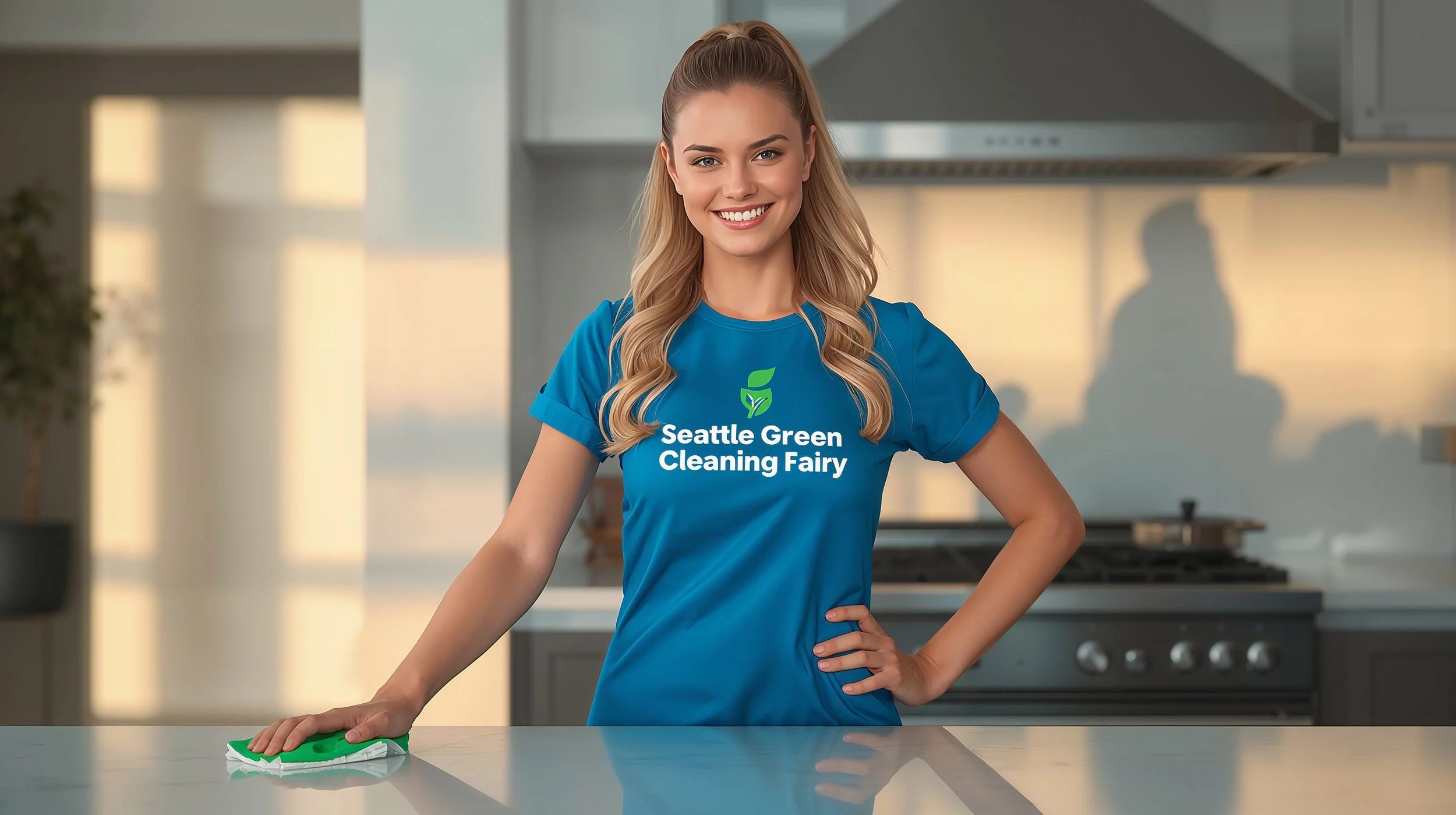 Joyful young Swedish woman in blue Seattle Green Cleaning Fairy uniform wiping a clean kitchen counter in Des Moines, WA home