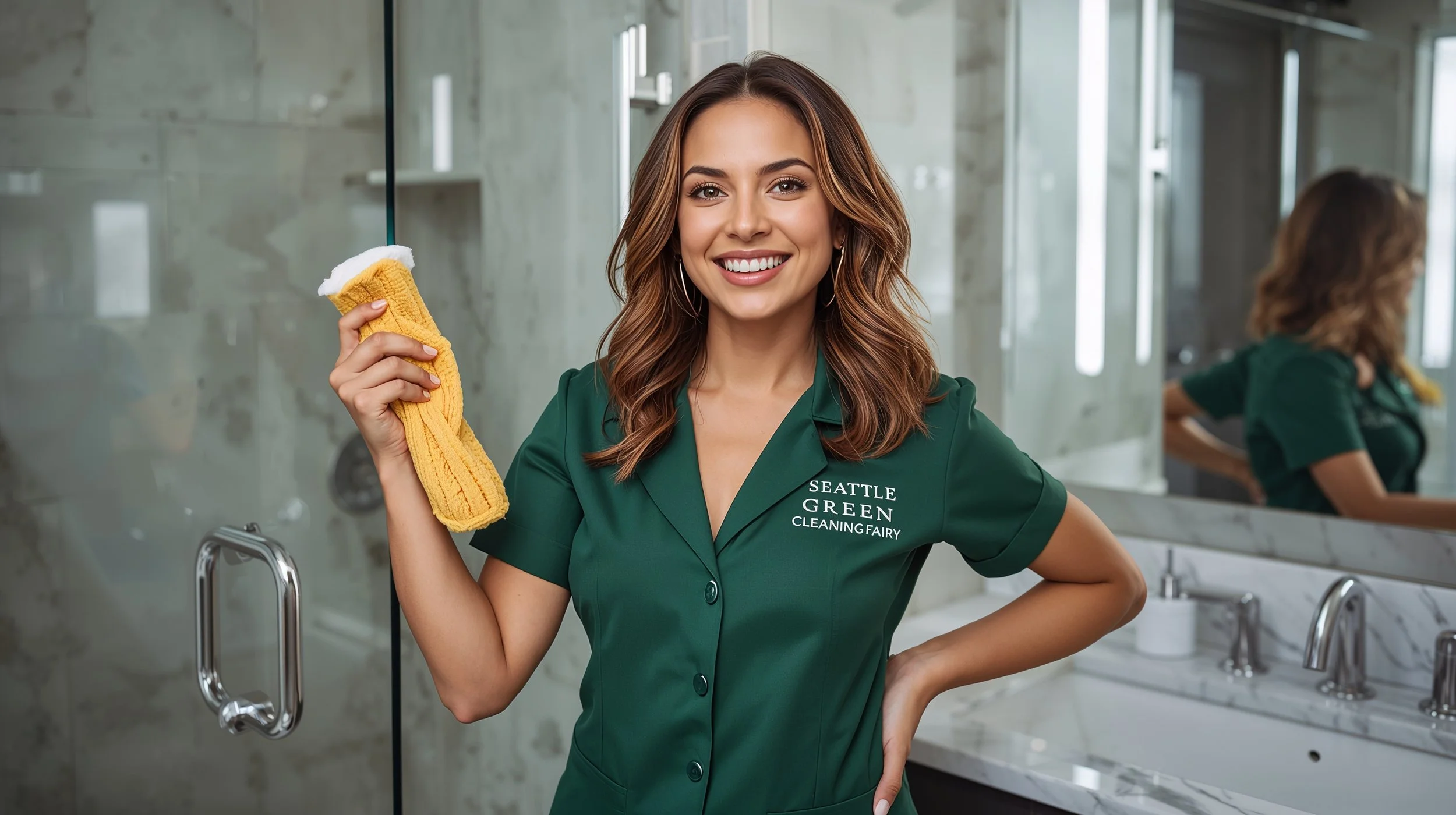 Smiling professional cleaner polishing glass shower in luxury Bellevue bathroom
