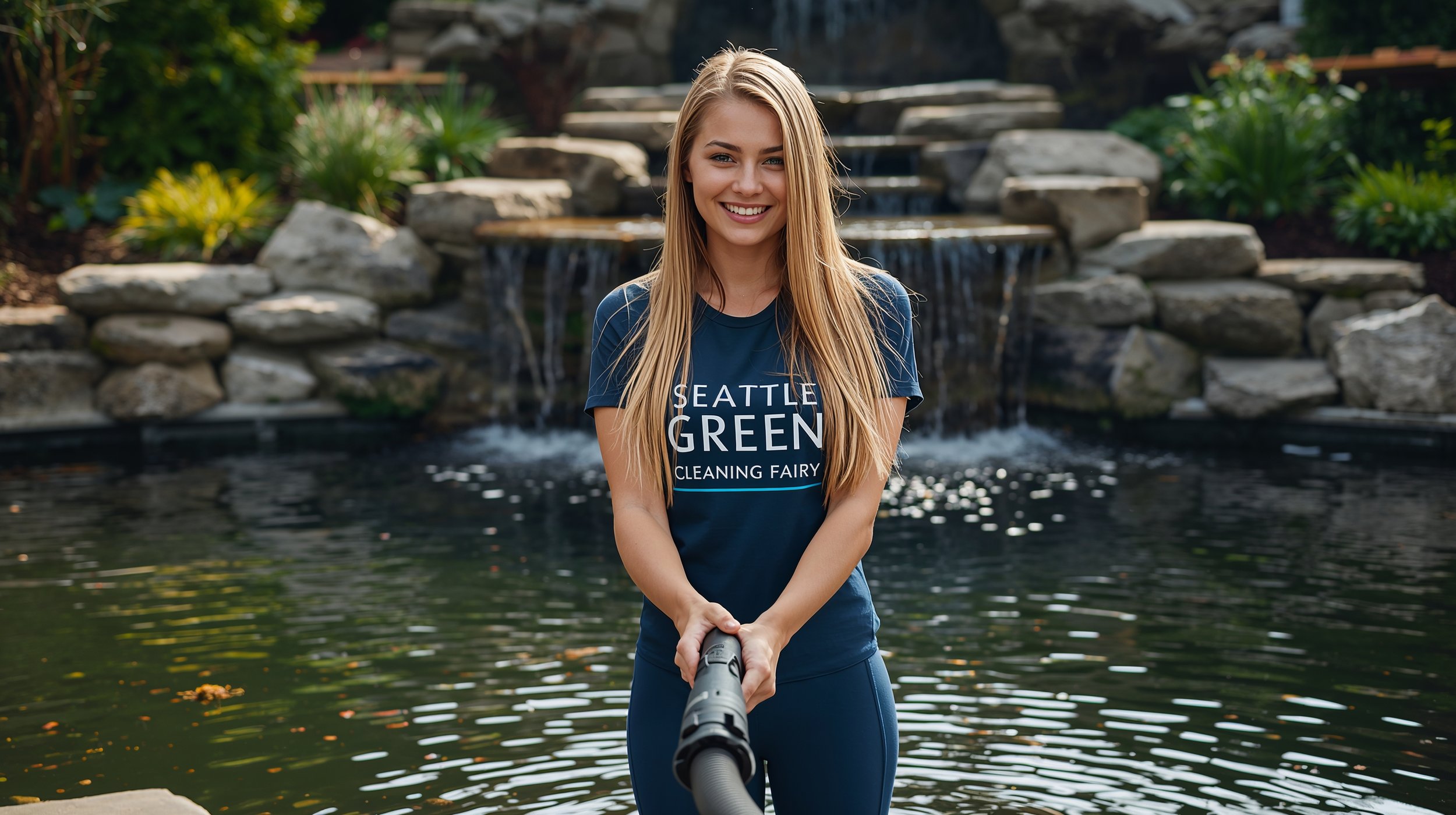 Professional pond cleaning technician vacuuming debris from a landscaped backyard pond in Seattle.