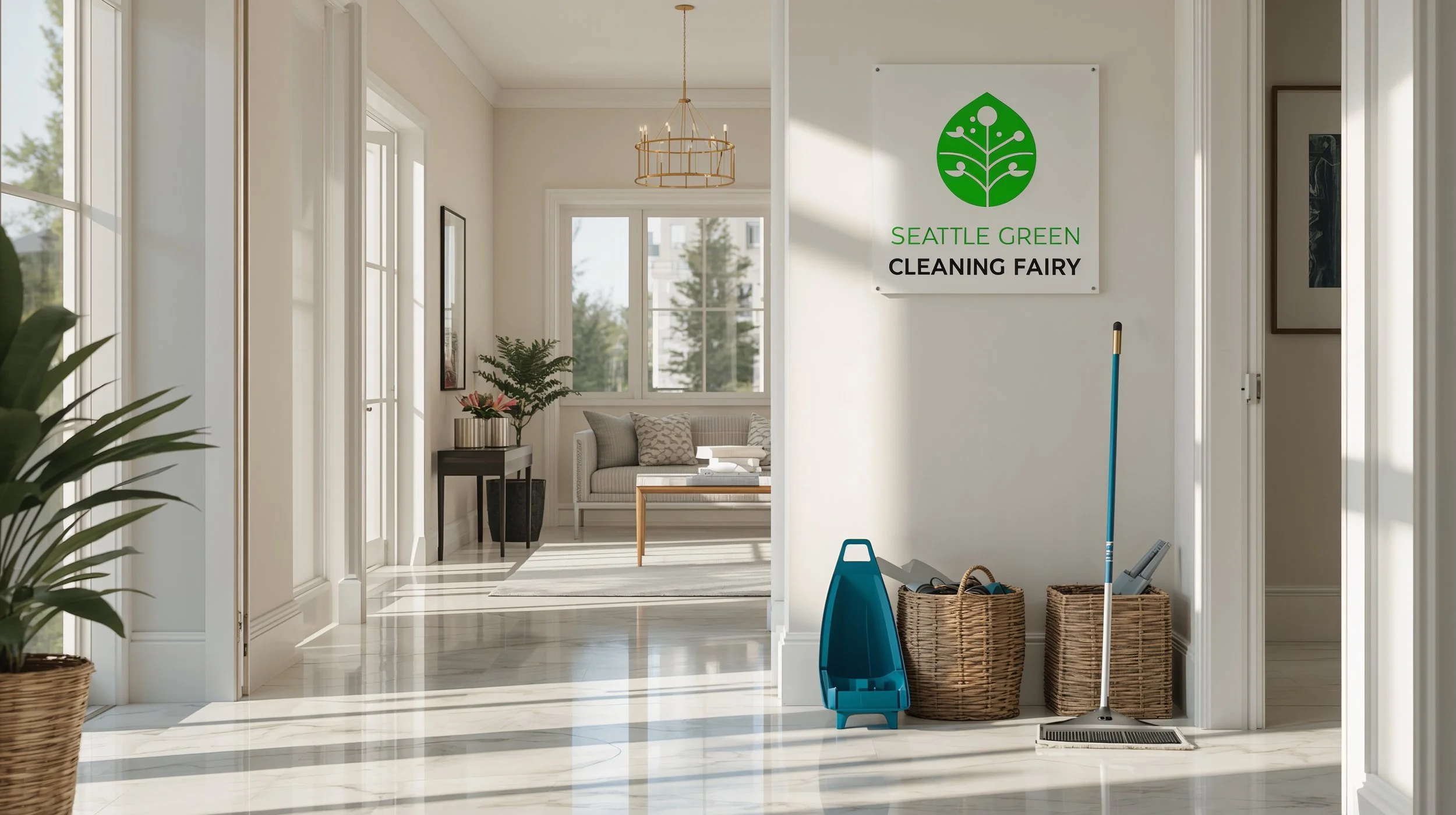 Freshly cleaned entryway in Brighton Seattle featuring Seattle Green Cleaning Fairy branding