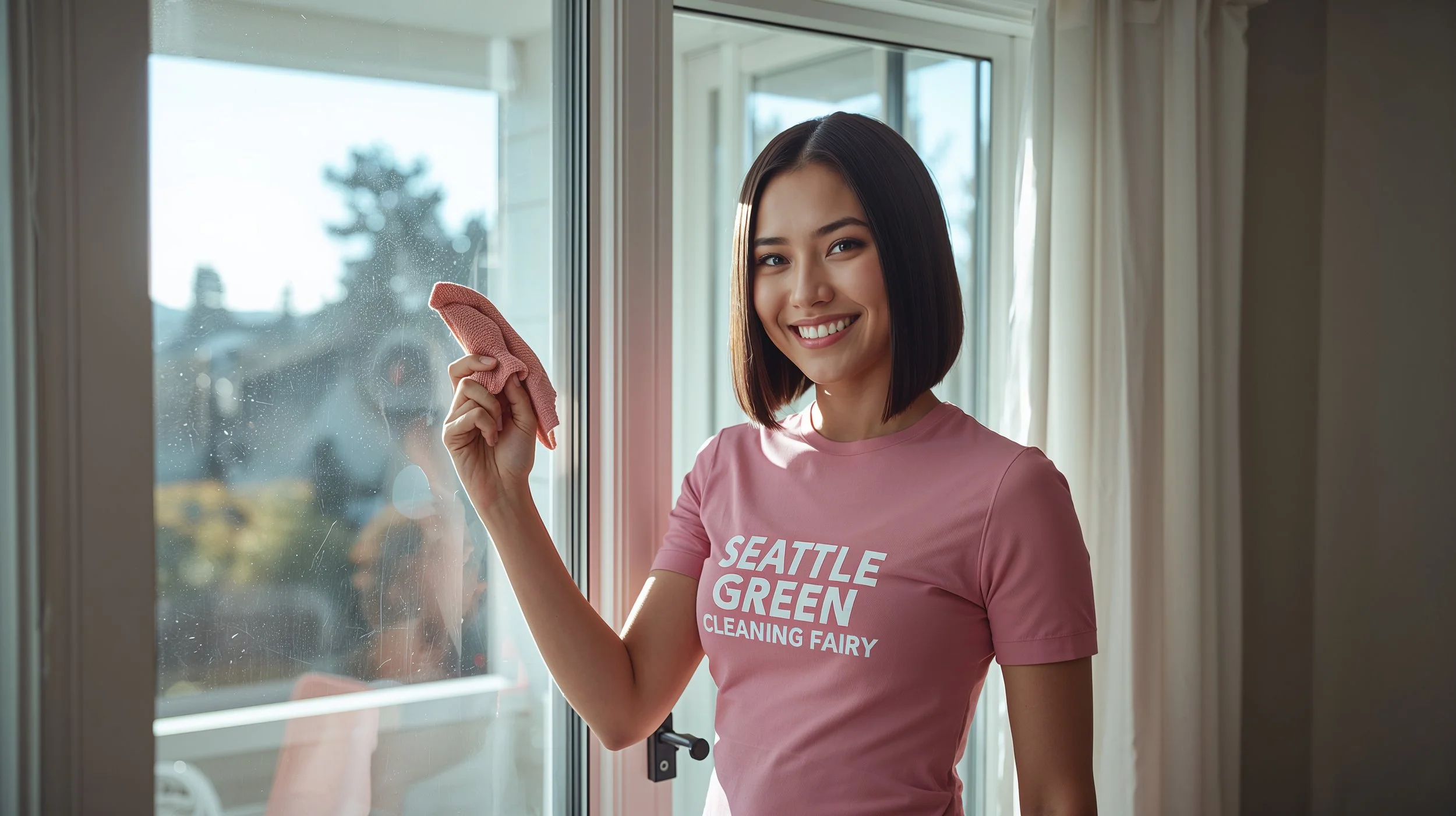 Smiling window cleaning professional presenting freshly cleaned bay window inside Bellevue home.