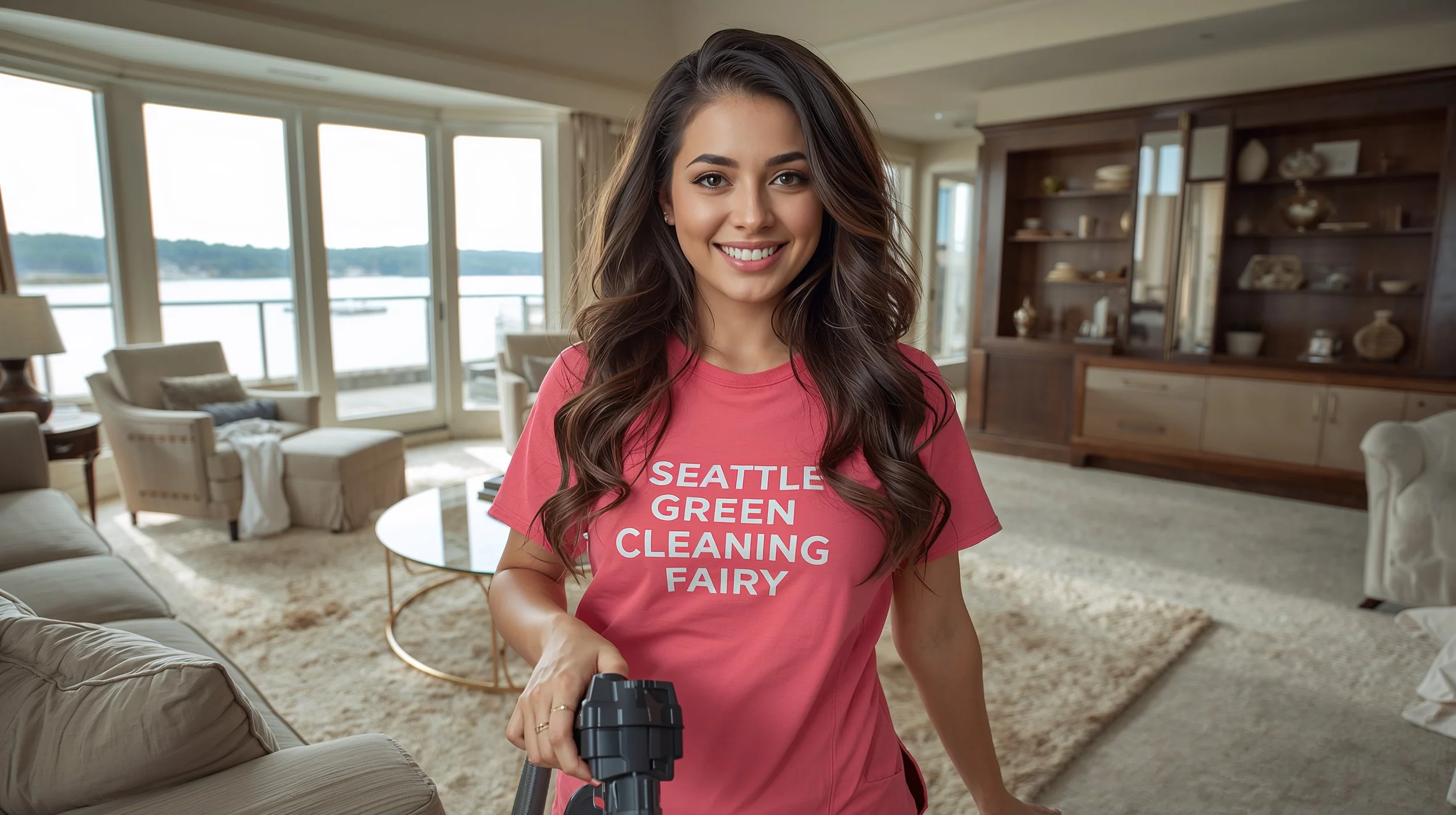 Latina cleaner vacuuming luxury carpet inside Bellevue waterfront living room.