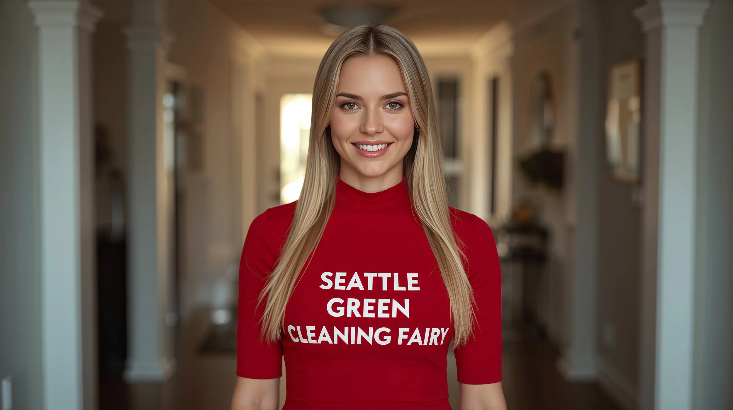 Professional house cleaning in Aurora Seattle with Seattle Green Cleaning Fairy polishing a spotless living room floor.