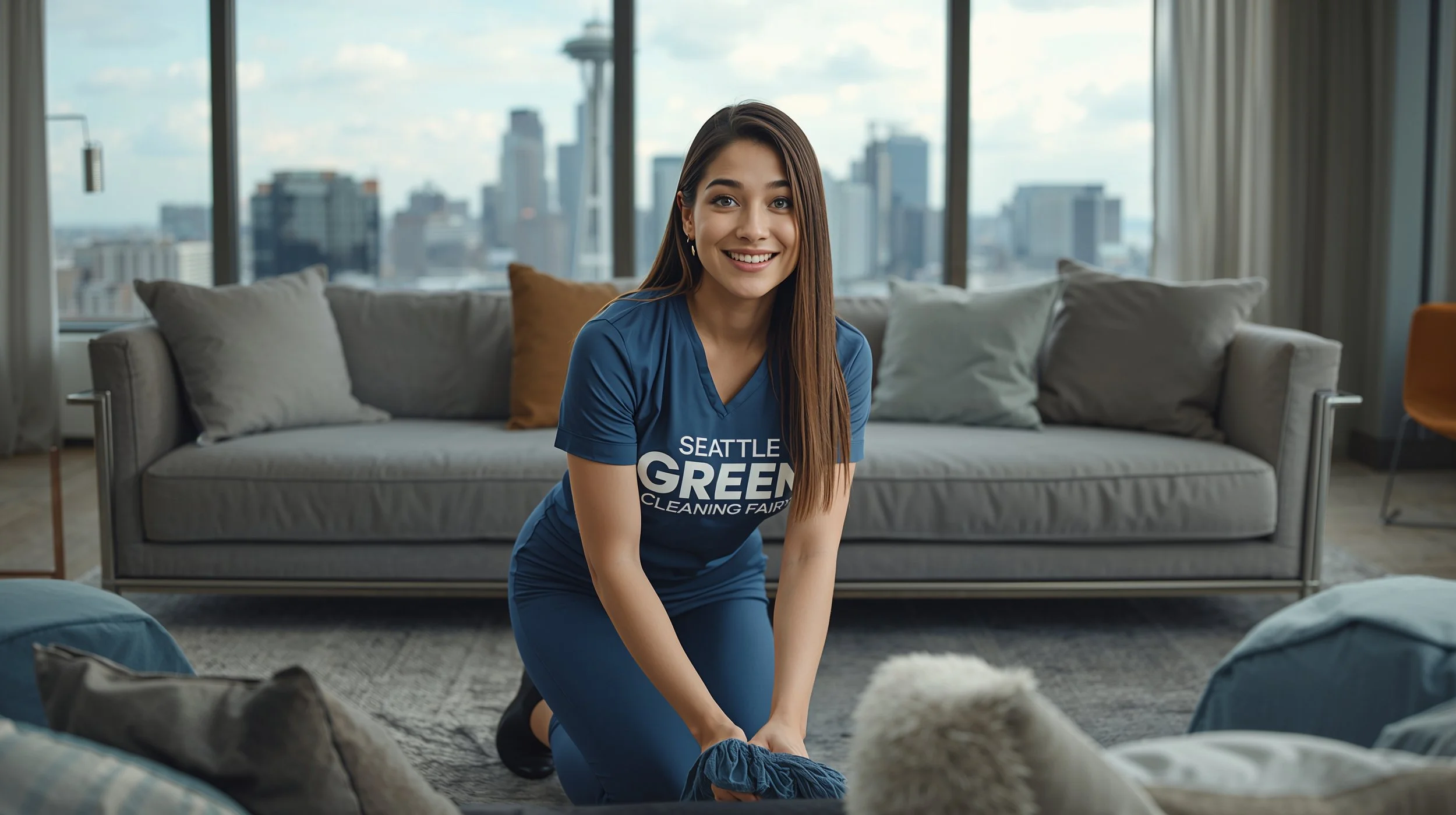 Happy professional cleaner finishing a luxury living room service in Seattle