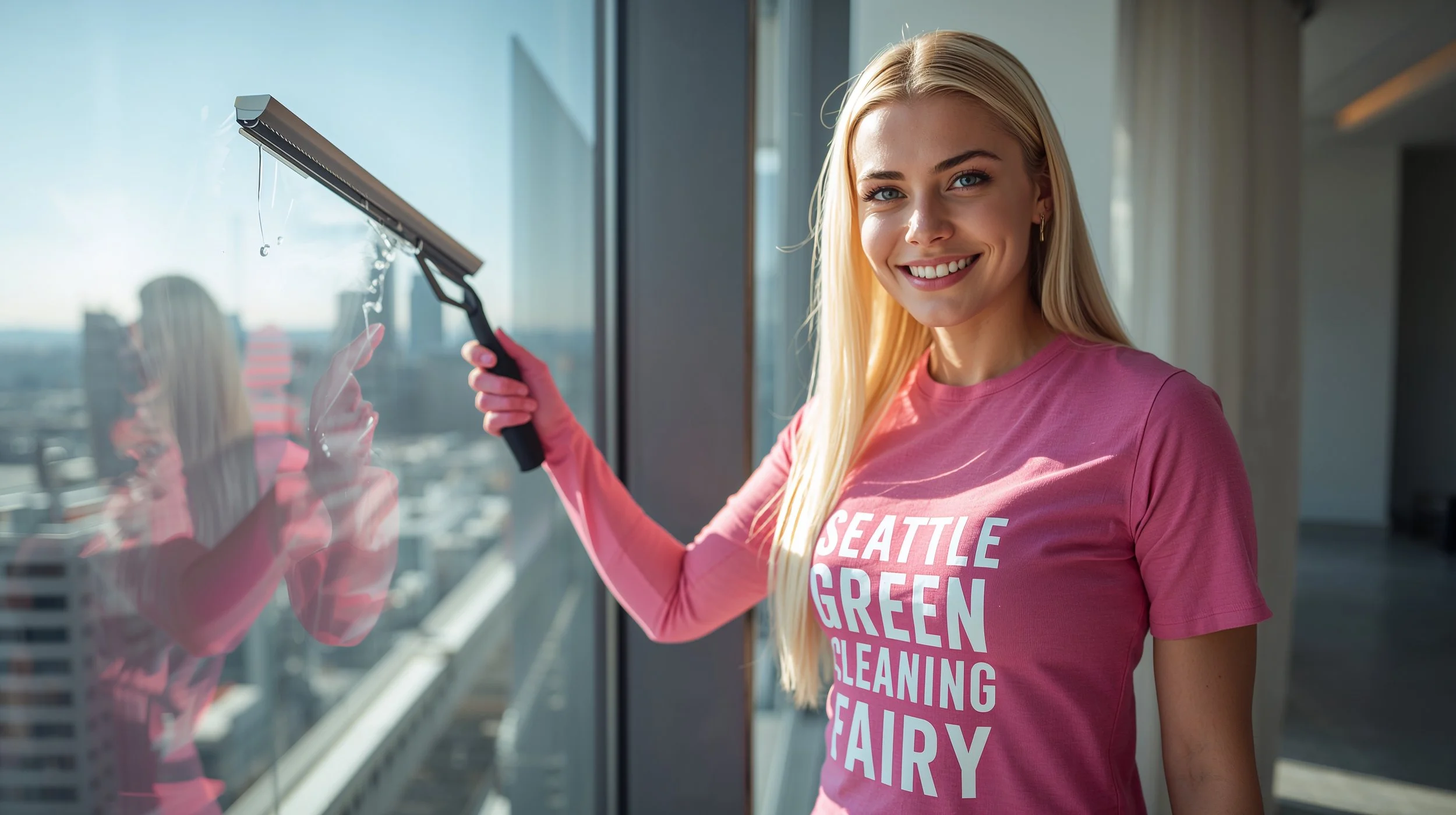 Blonde professional cleaner in pink uniform polishing luxury condo windows in Bellevue with skyline view.
