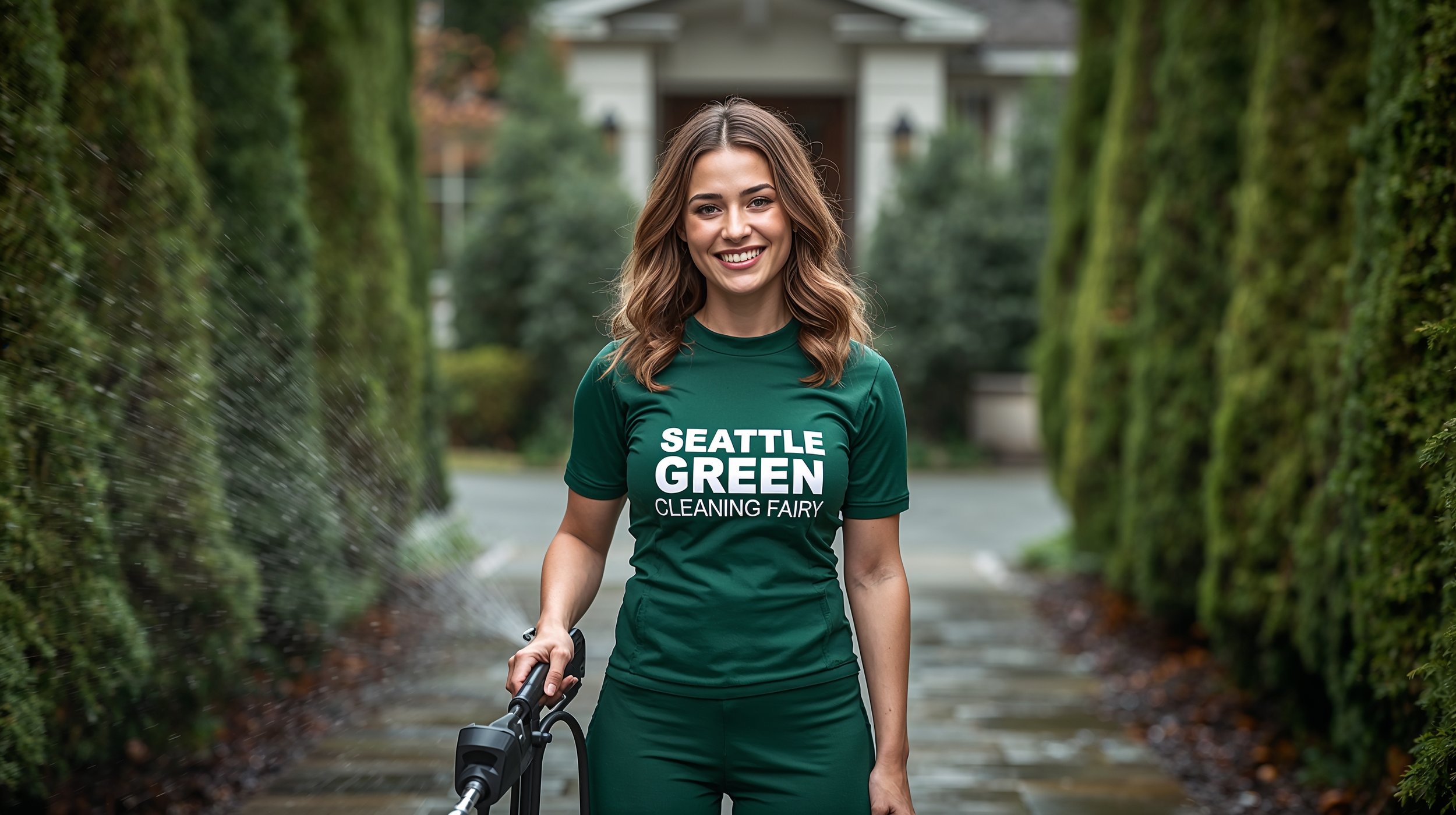Seattle walkway paver cleaning with smiling technician in green uniform and freshly washed stone path.