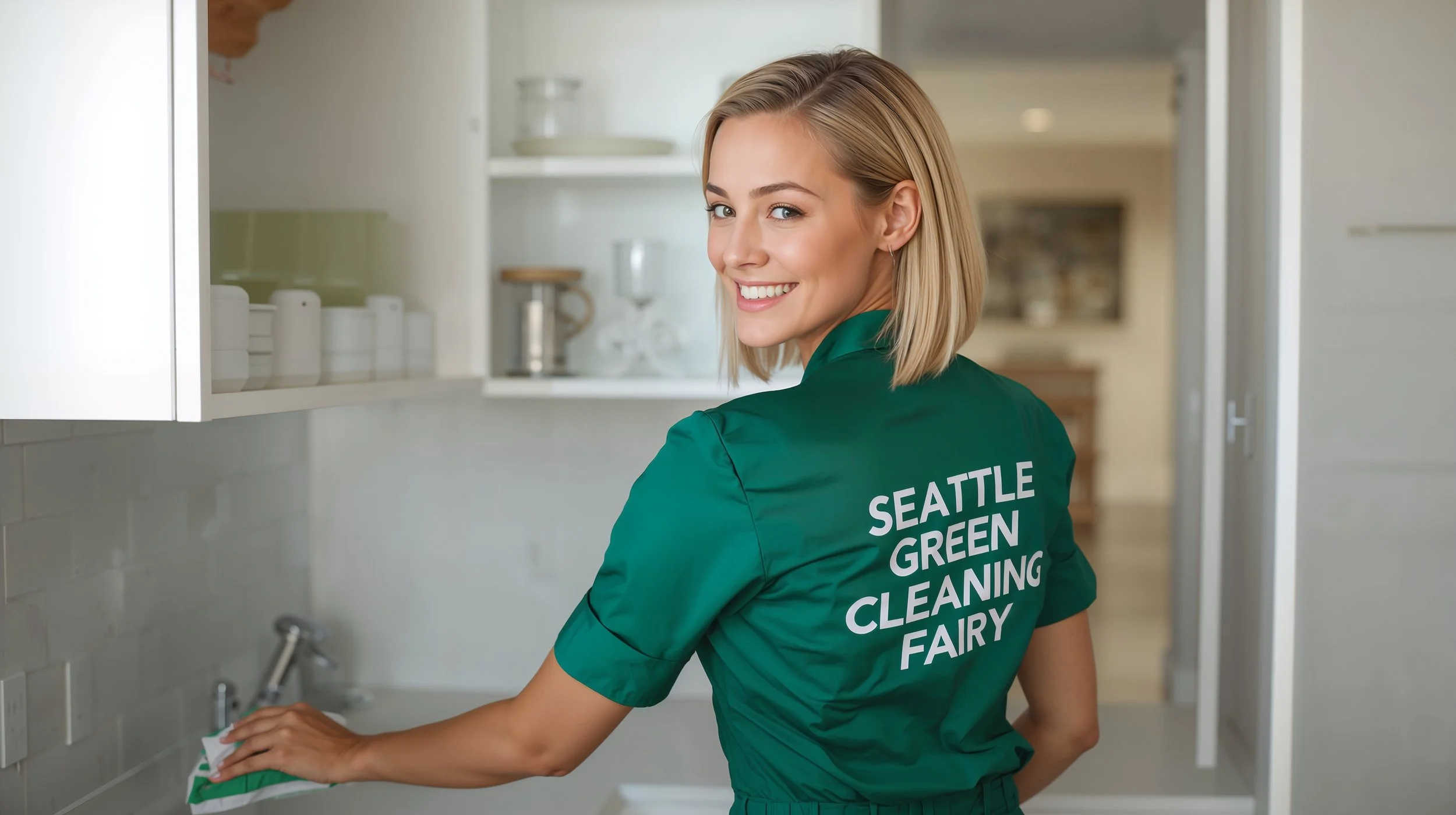 Smiling blonde professional from Seattle Green Cleaning Fairy organizing spotless kitchen cabinets in Yesler Terrace home