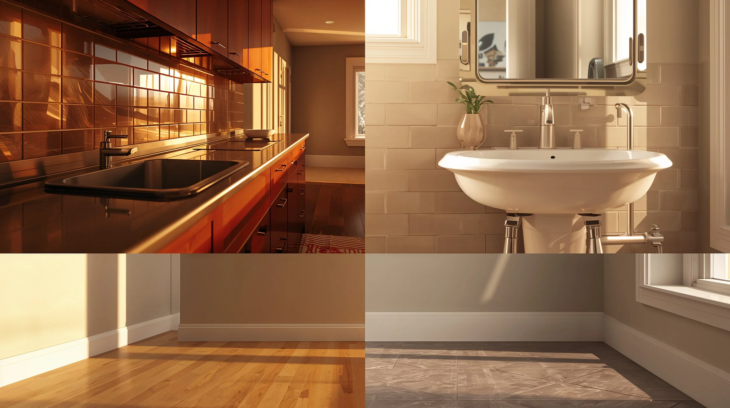 Vibrant layered view of clean kitchen, bathroom, and baseboards in a Seattle home after detailed house cleaning service