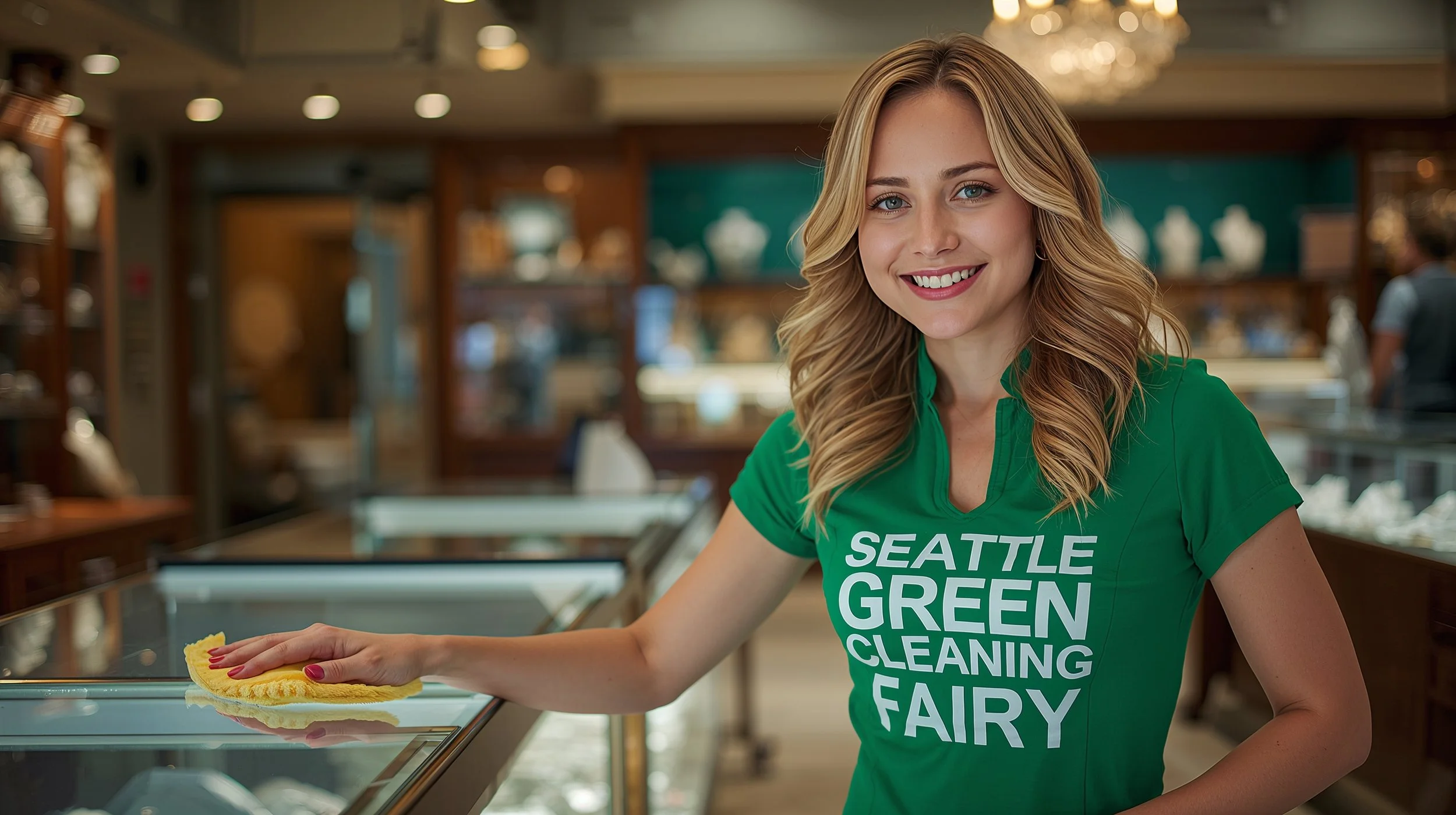 Retail cleaner polishing glass jewelry display case in Seattle shop.