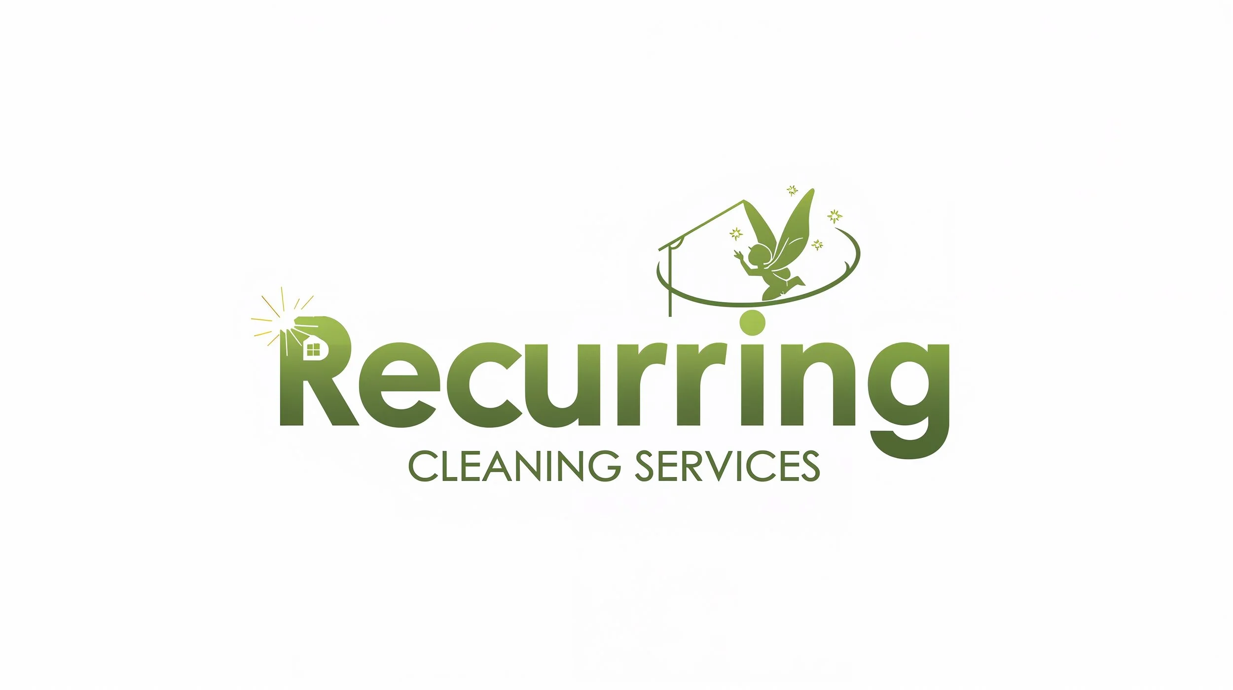 Recurring cleaning services logo with modern text, house outline, and subtle fairy accent