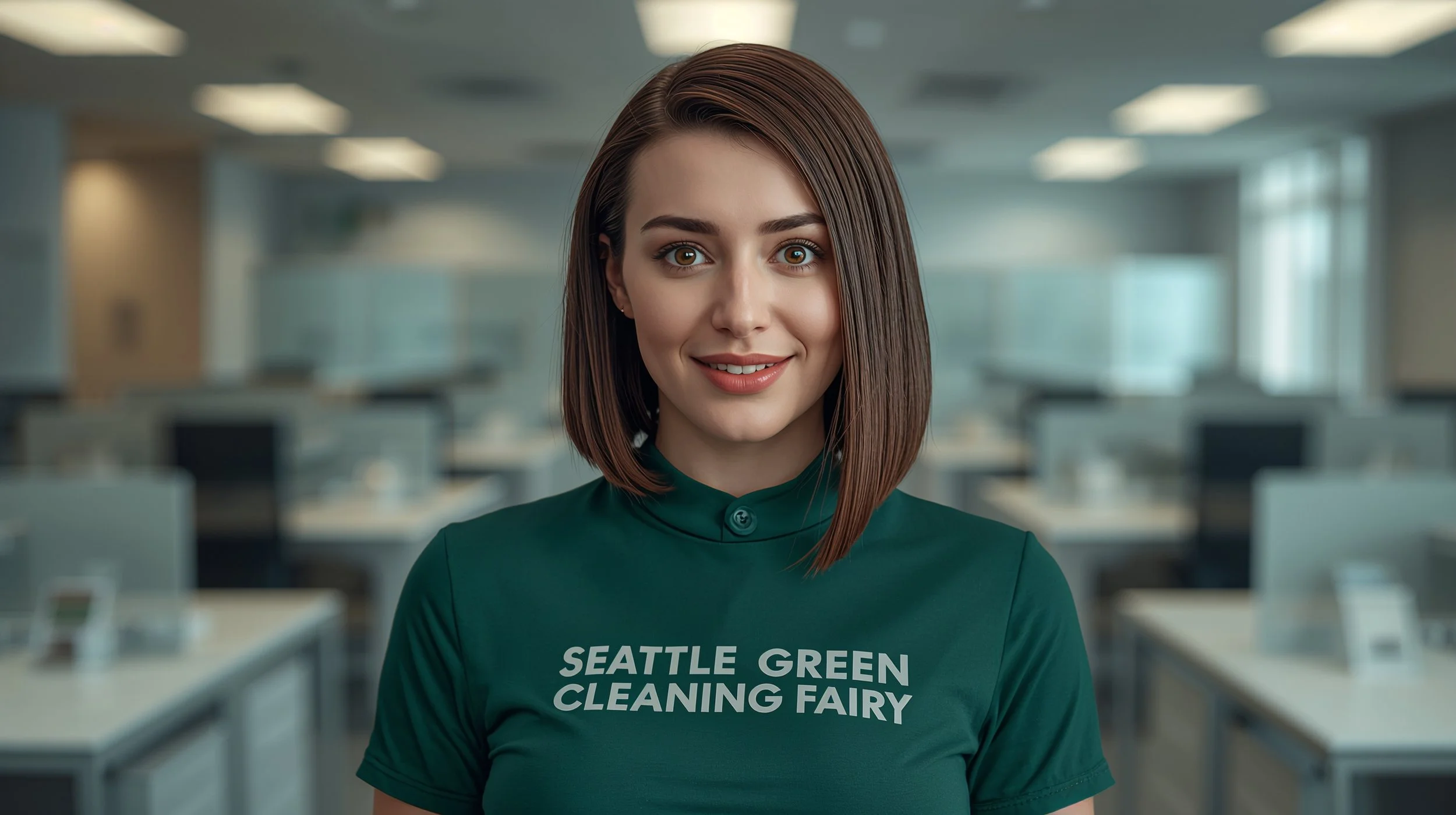 Smiling professional cleaner presenting a freshly cleaned Seattle office