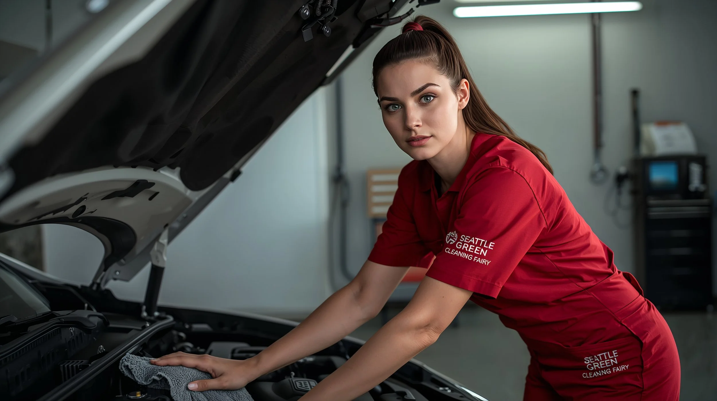 Engine bay car cleaning service in Seattle performed by professional cleaner