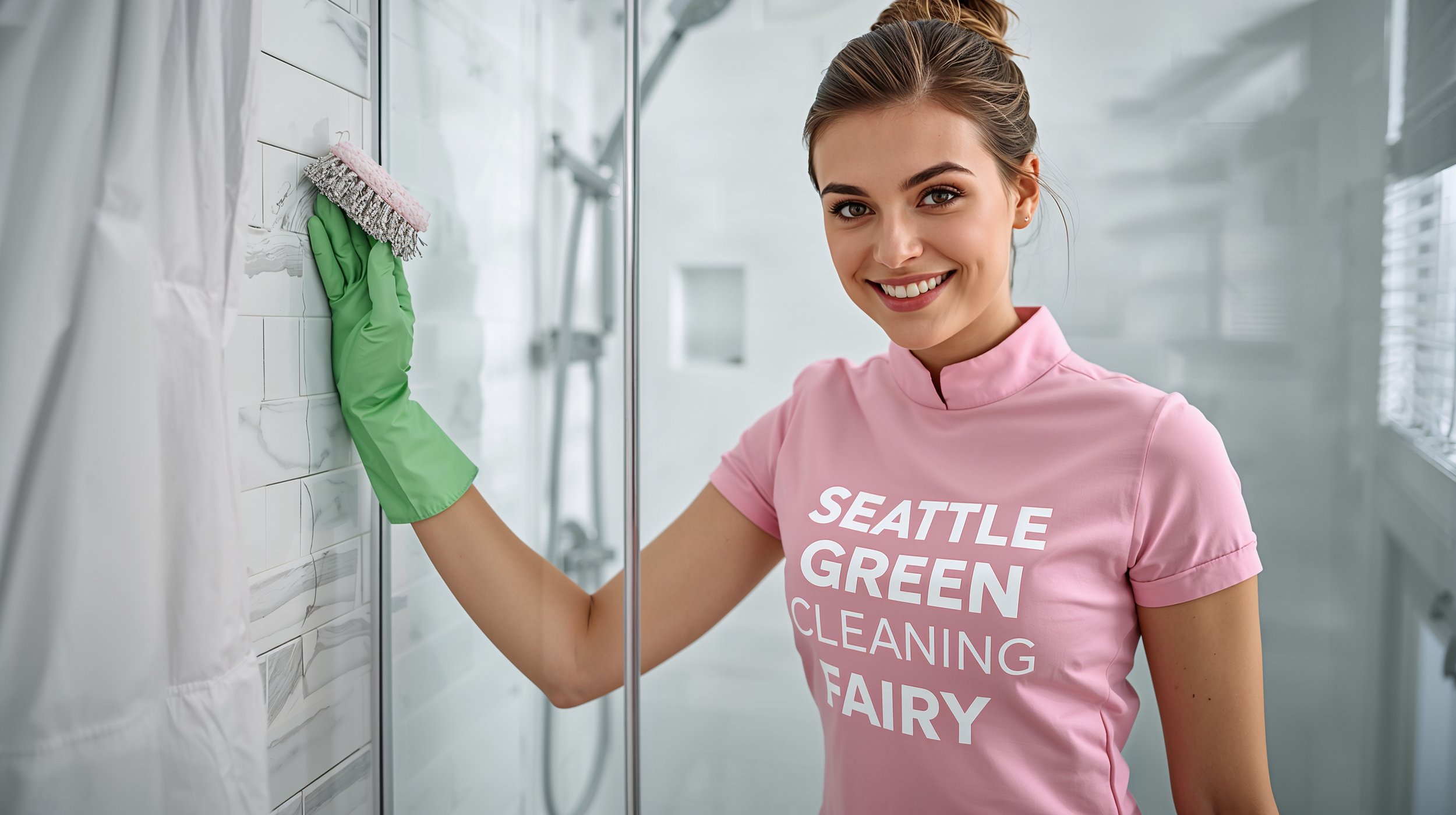 oung woman cleaner scrubbing shower tile grout in Bonney Lake WA wearing pink Seattle Green Cleaning Fairy uniform