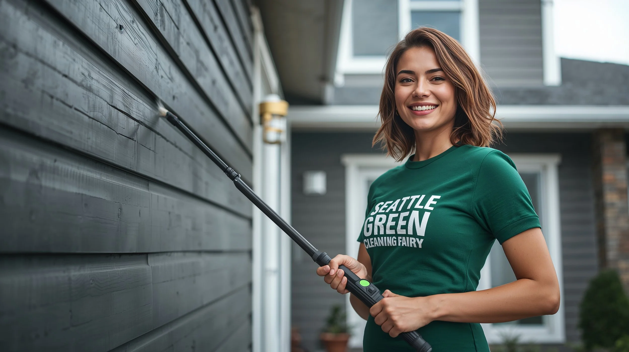 Professional technician pressure cleaning residential siding in Seattle neighborhood.