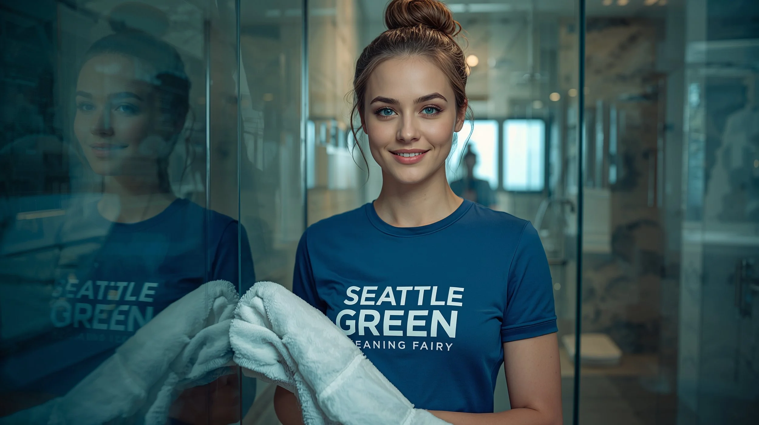 Professional cleaner smiling in a spotless luxury bathroom after service completion