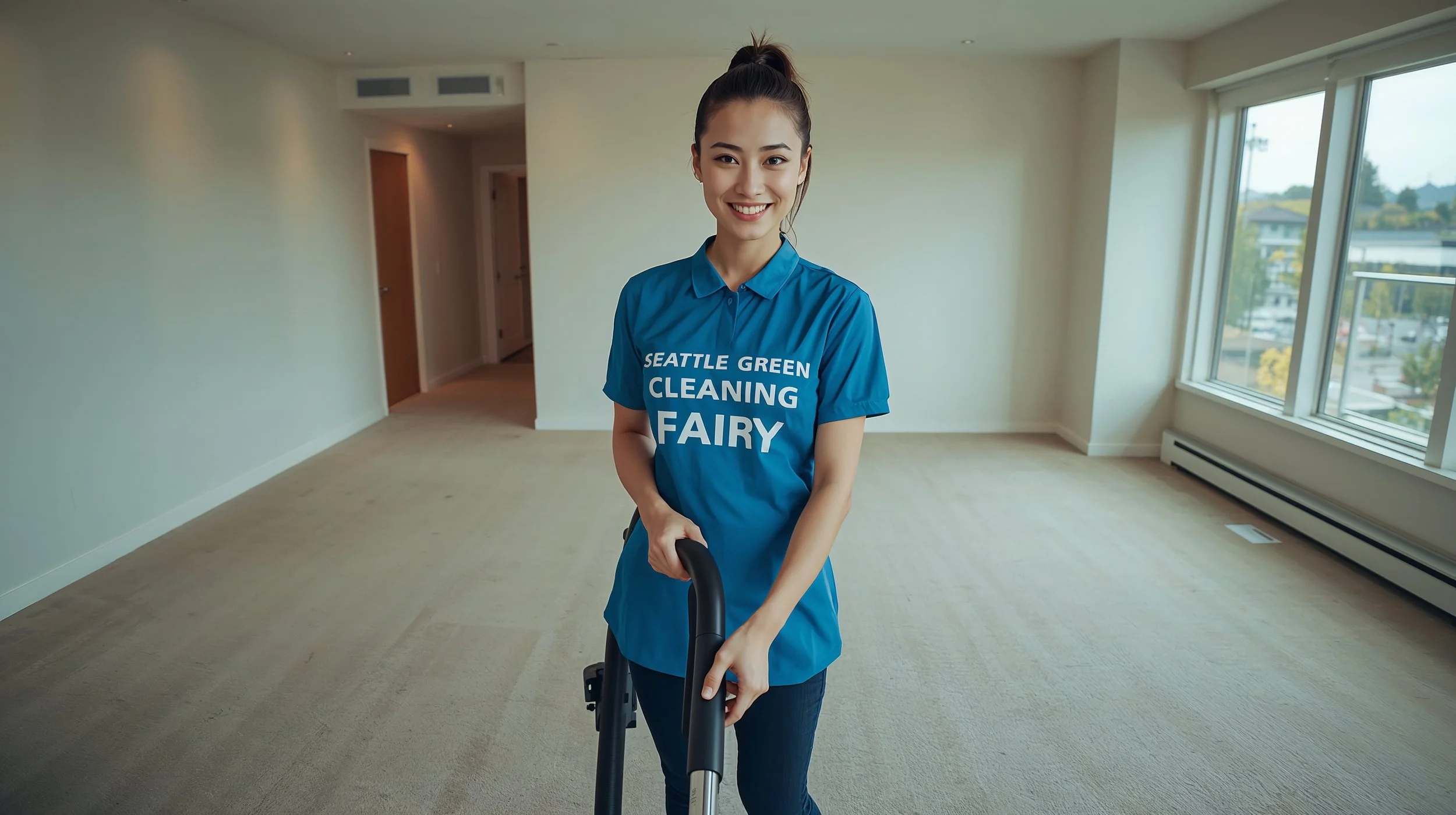 Smiling cleaner vacuuming freshly lined carpet in an empty Bellevue condo during move-out service.