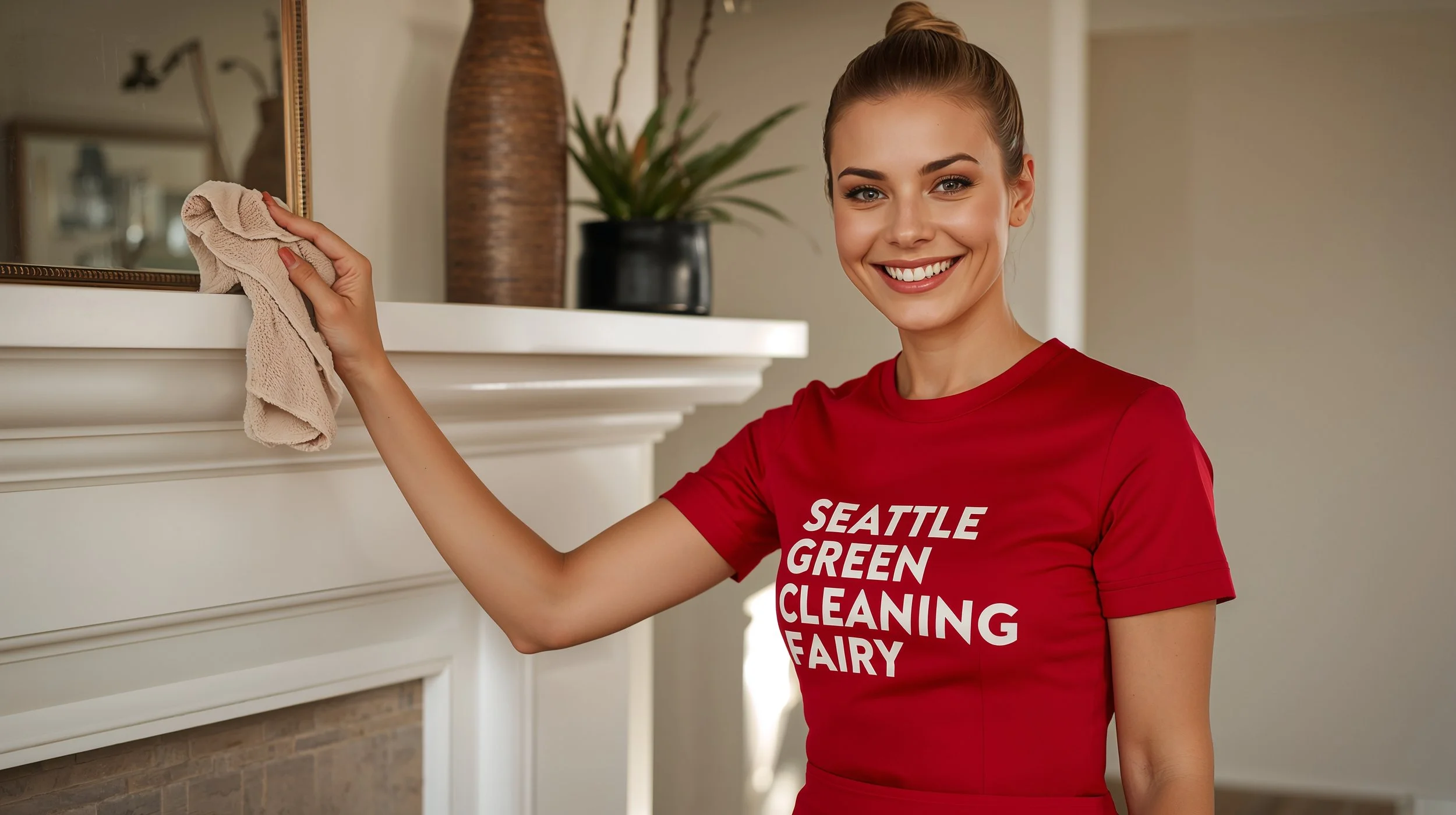 Seattle Green Cleaning Fairy dusting fireplace mantel in Snoqualmie Washington