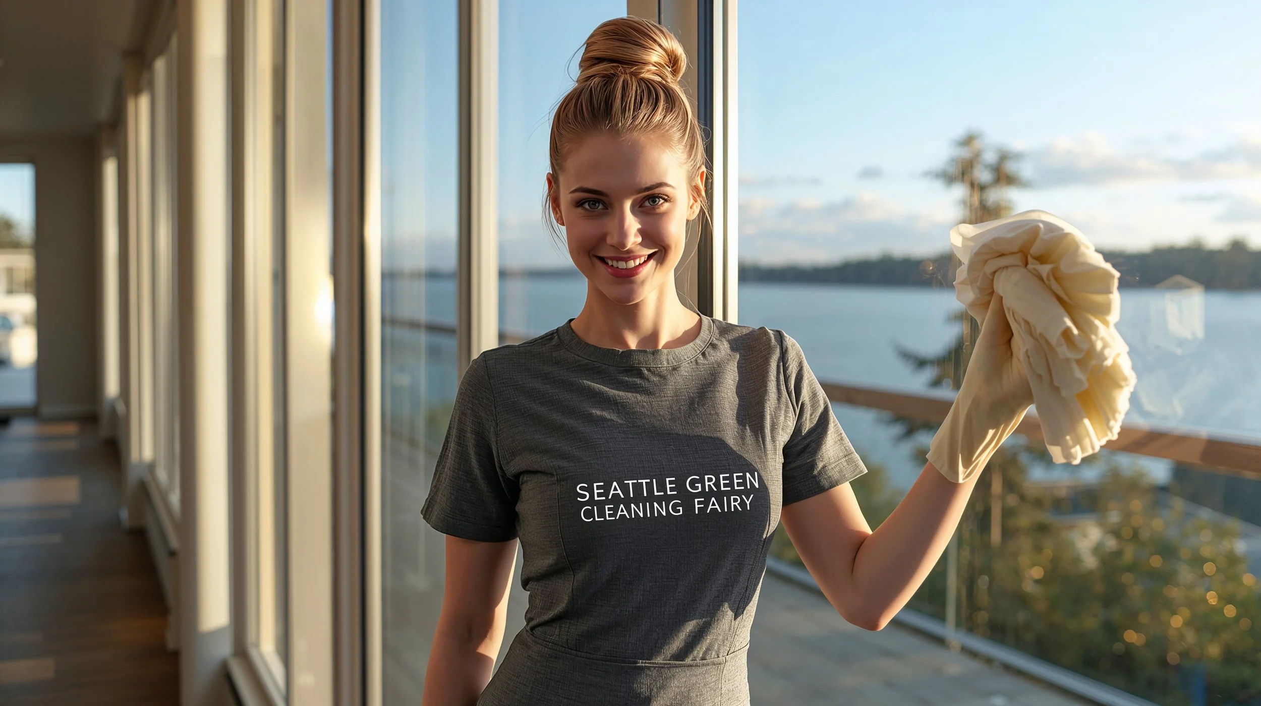 Seattle Green Cleaning Fairy cleaning windows in a Mercer Island waterfront home