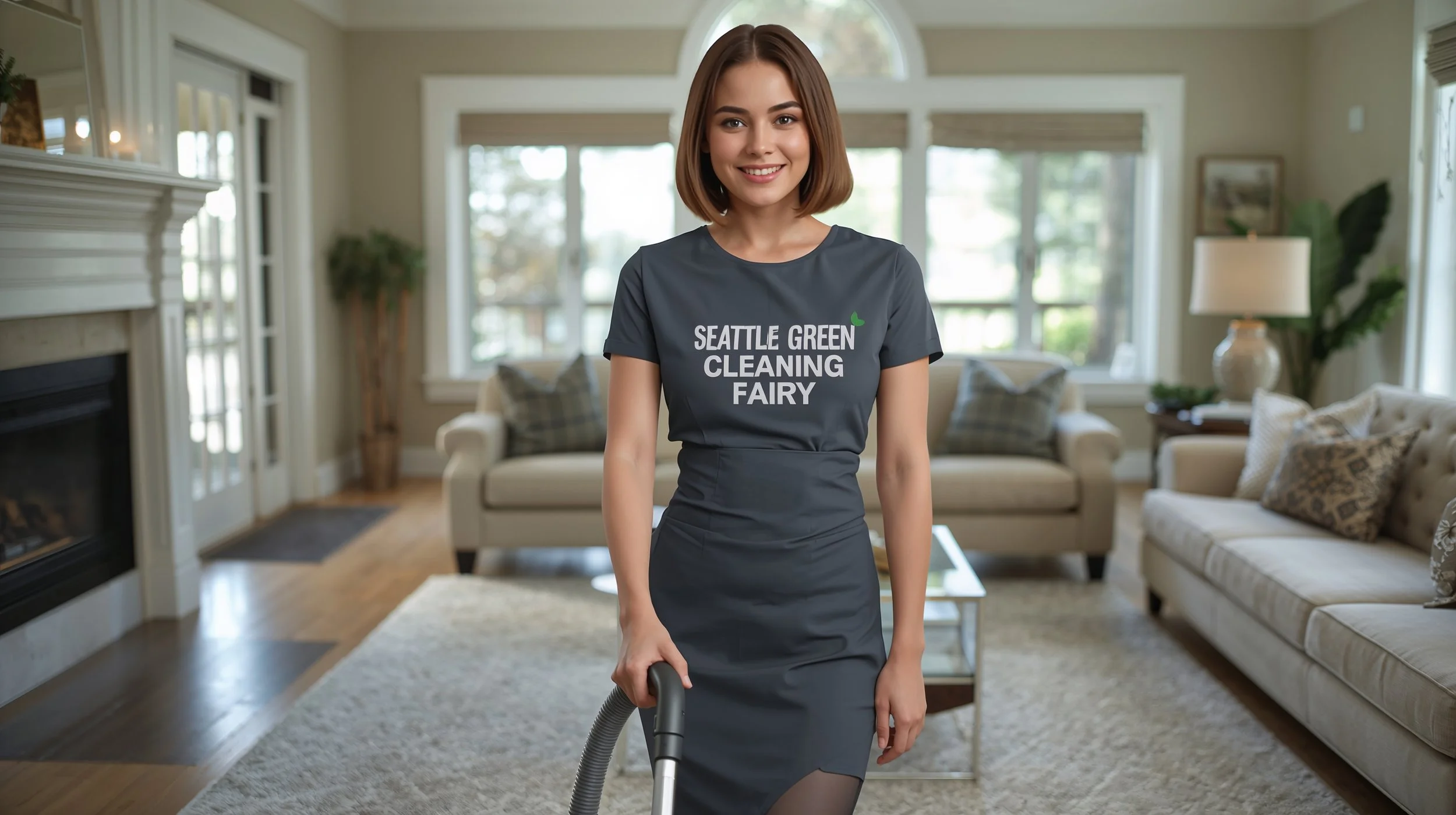 Seattle Green Cleaning Fairy vacuuming a plush rug in a Mercer Island living room