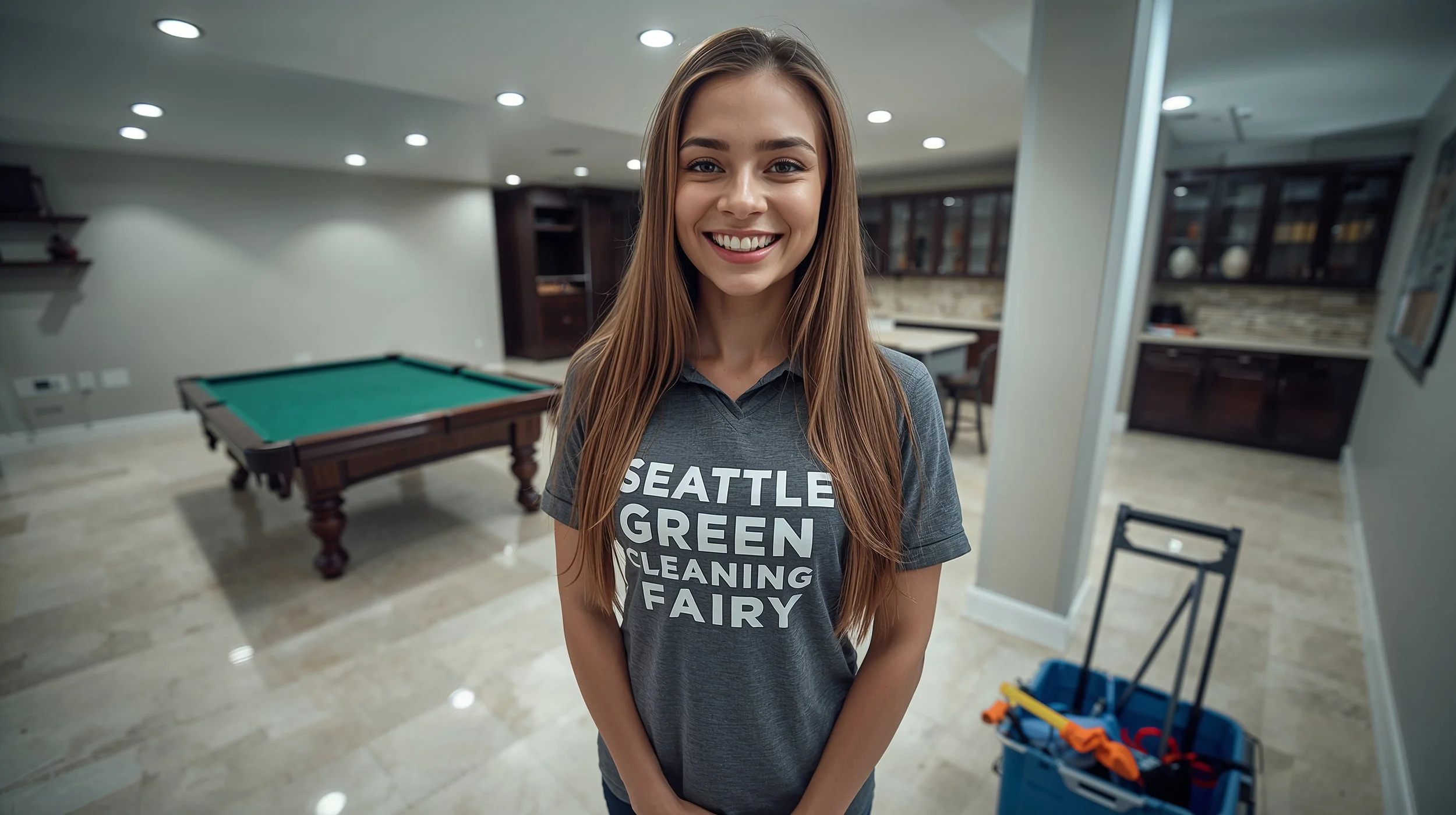 Happy basement cleaning professional presenting spotless entertainment basement in Bellevue home