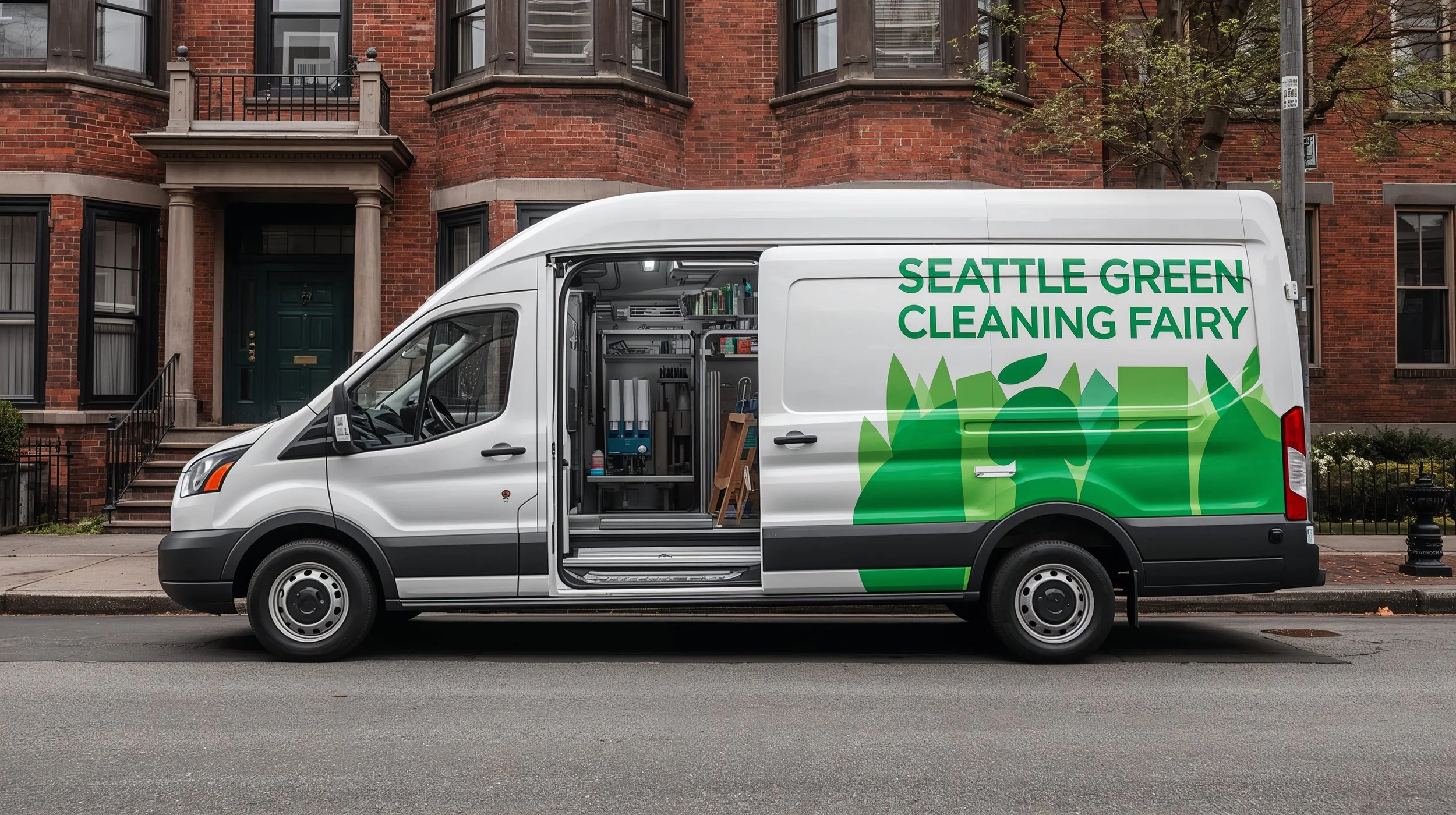 Seattle’s Green Cleaning Fairy branded van ready for house cleaning service in Yesler Terrace neighborhood