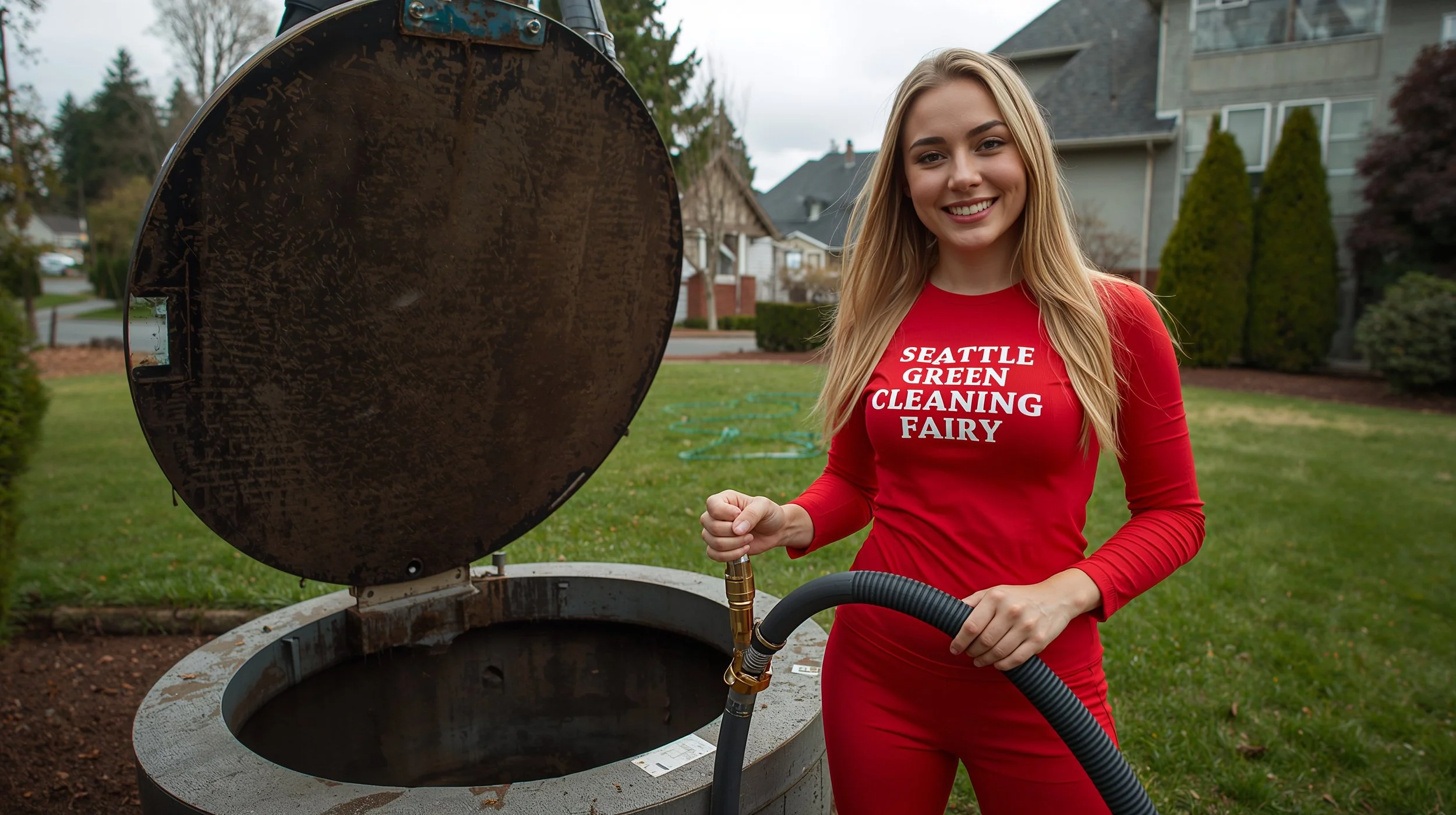 Blonde female septic technician in red uniform operating vacuum hose during septic tank cleaning at Seattle home