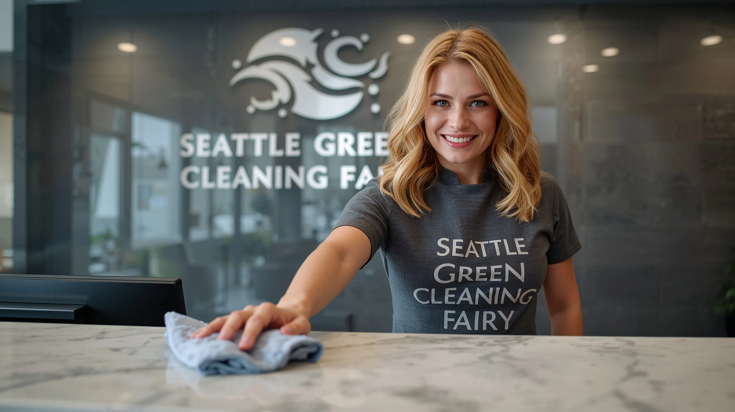 Salon cleaning professional polishing front desk in Seattle beauty salon