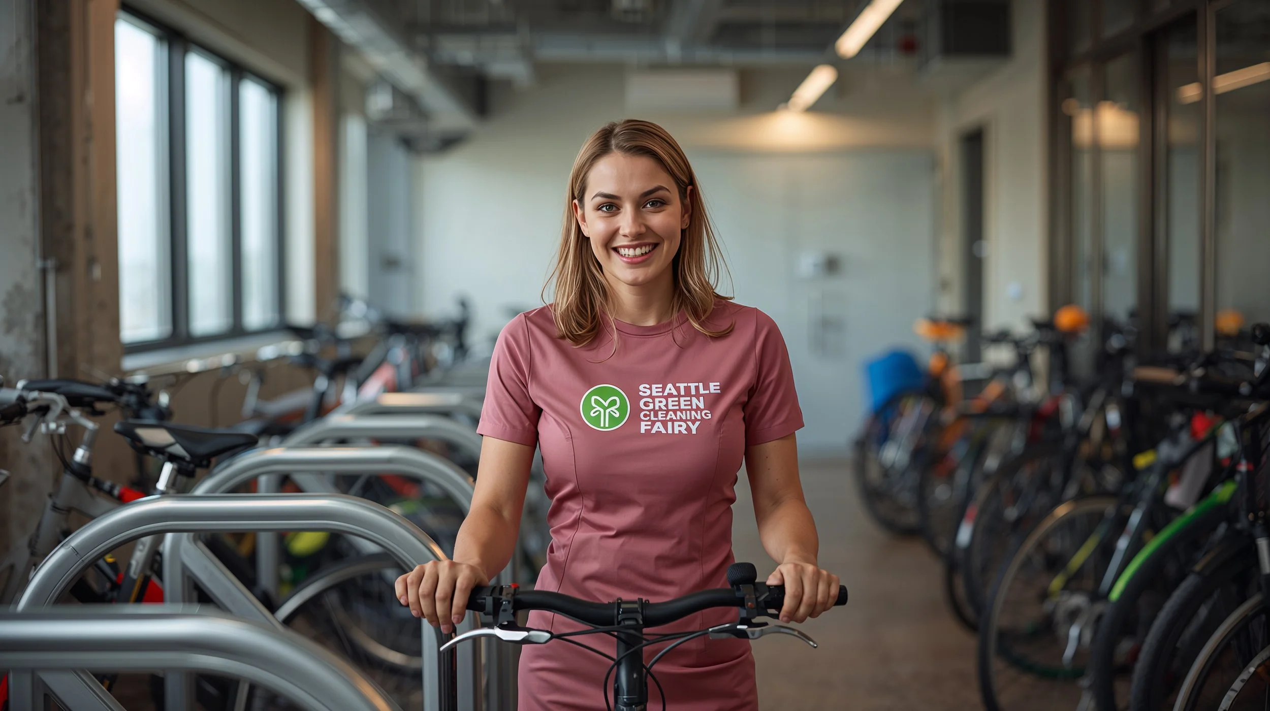 Seattle Green Cleaning Fairy cleaning a bike storage room in South Lake Union Seattle