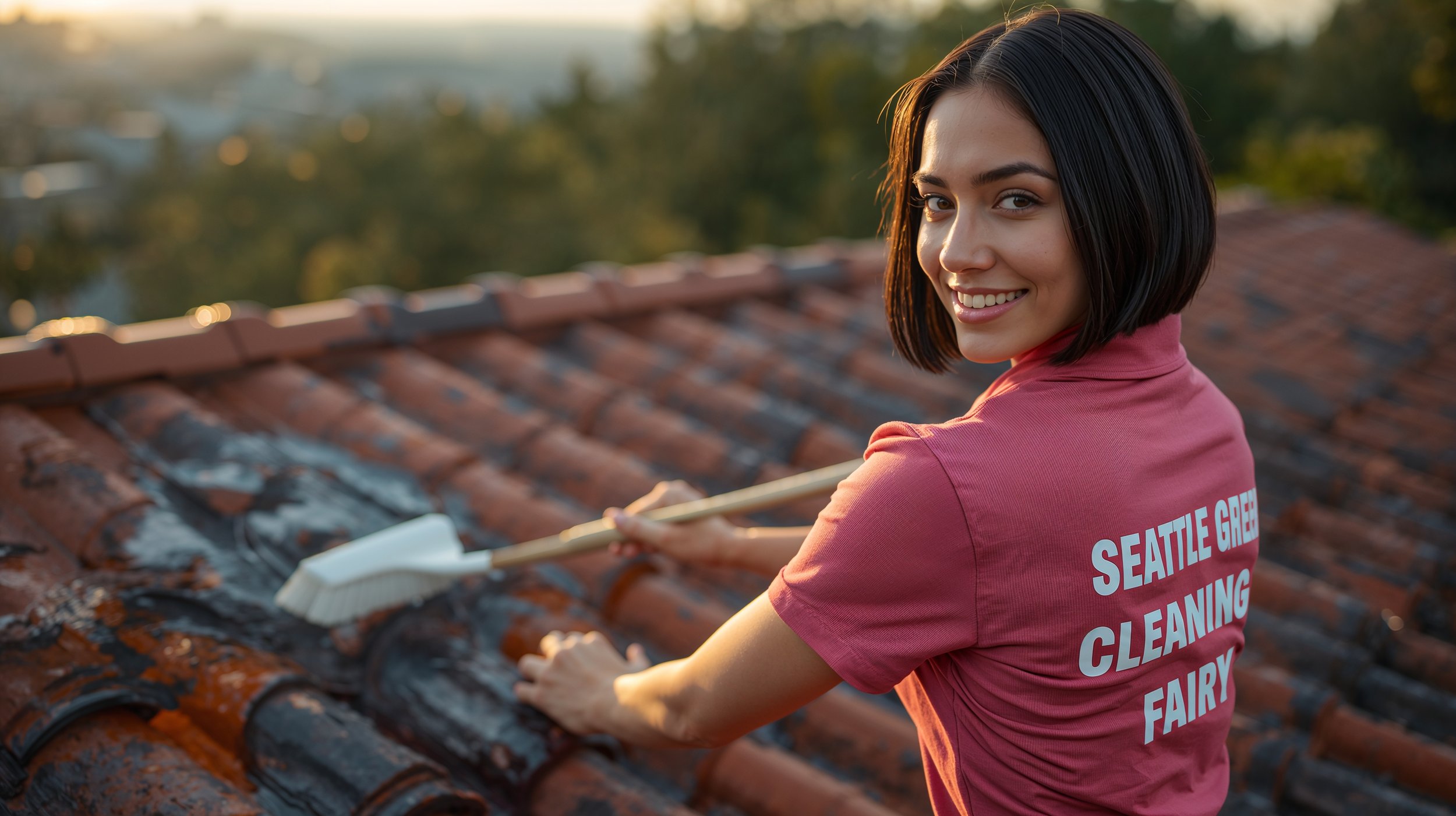 Smiling young woman scrubbing Spanish tile roof on luxury Seattle home at sunset