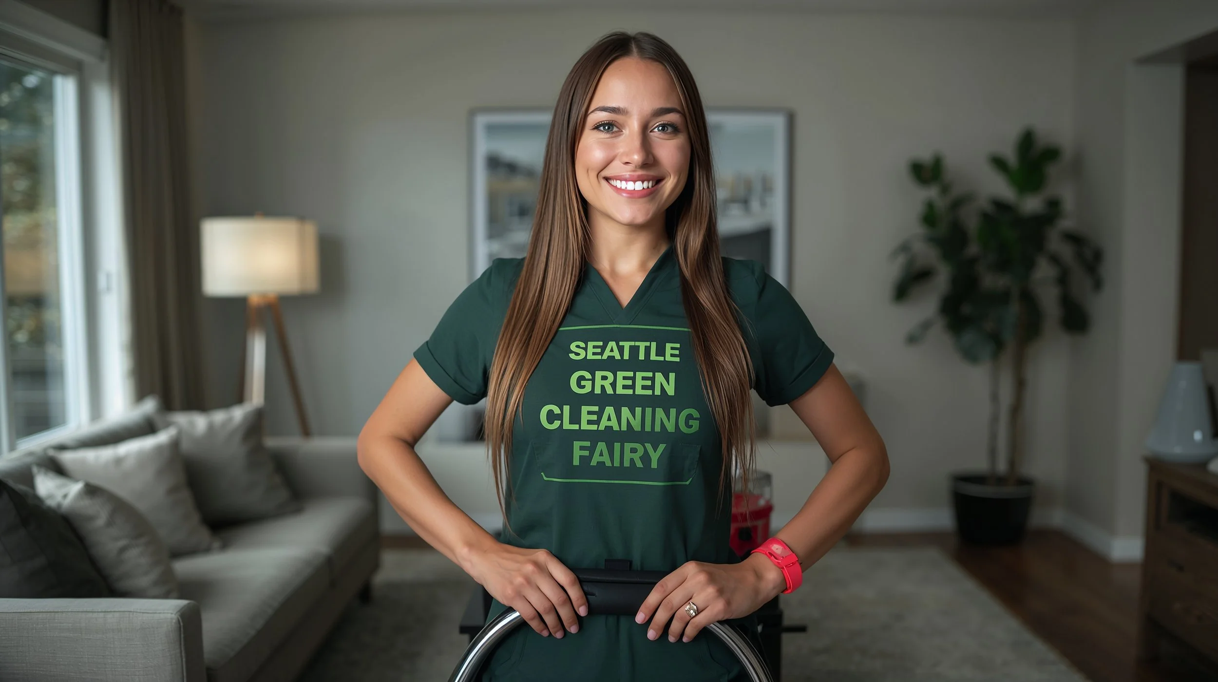 Professional area rug cleaning service in a Seattle luxury living room with visible cleaning action