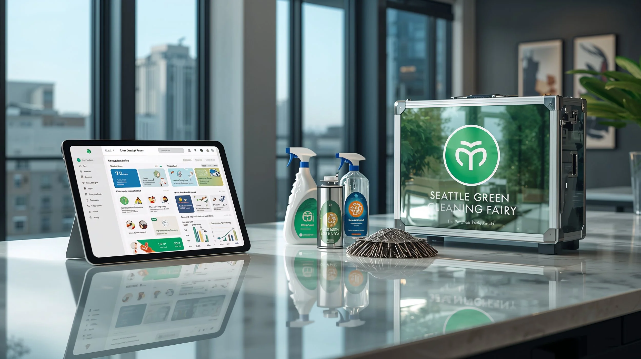 Cleaning service app dashboard displayed with professional cleaning equipment in Seattle