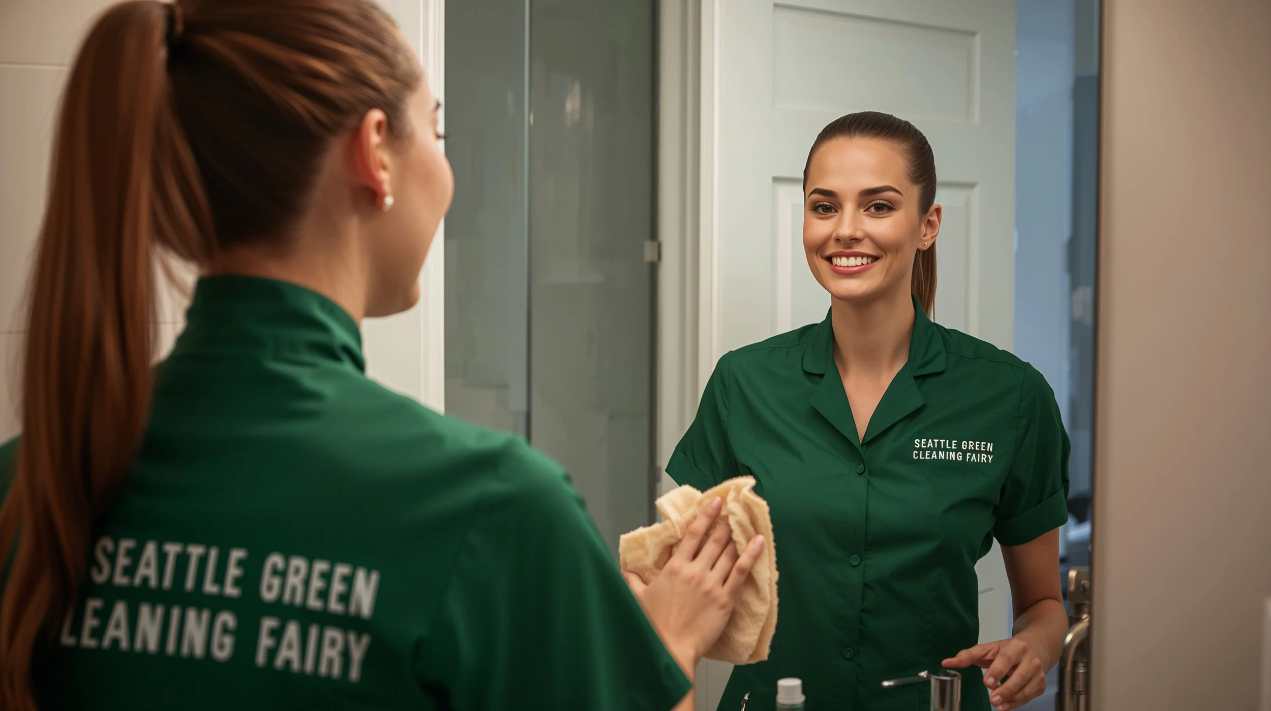 Professional bathroom cleaning service in Briarcliff Seattle with mirror polishing by Seattle Green Cleaning Fairy.