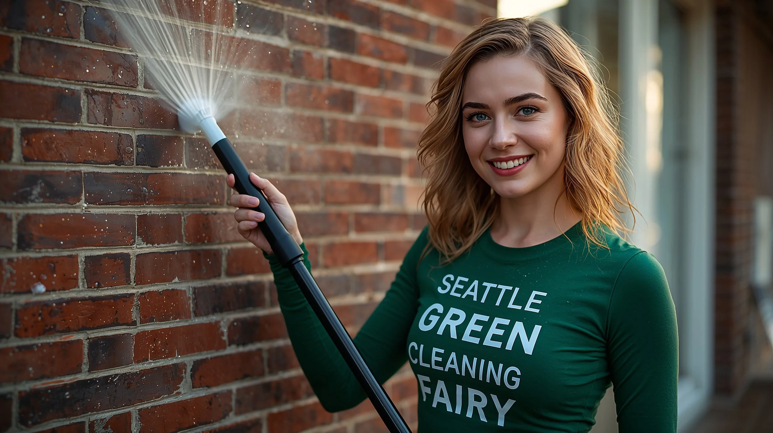 Curly-haired female cleaner washing brick exterior in Seattle with visible SEATTLE GREEN CLEANING FAIRY branding