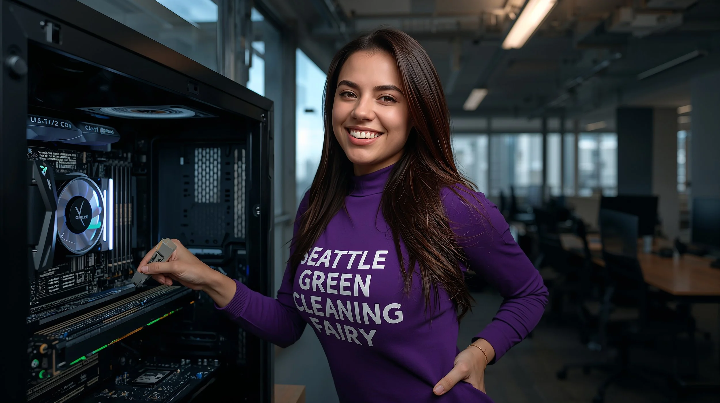 Seattle PC cleaning technician carefully brushing dust from motherboard components in open computer tower.