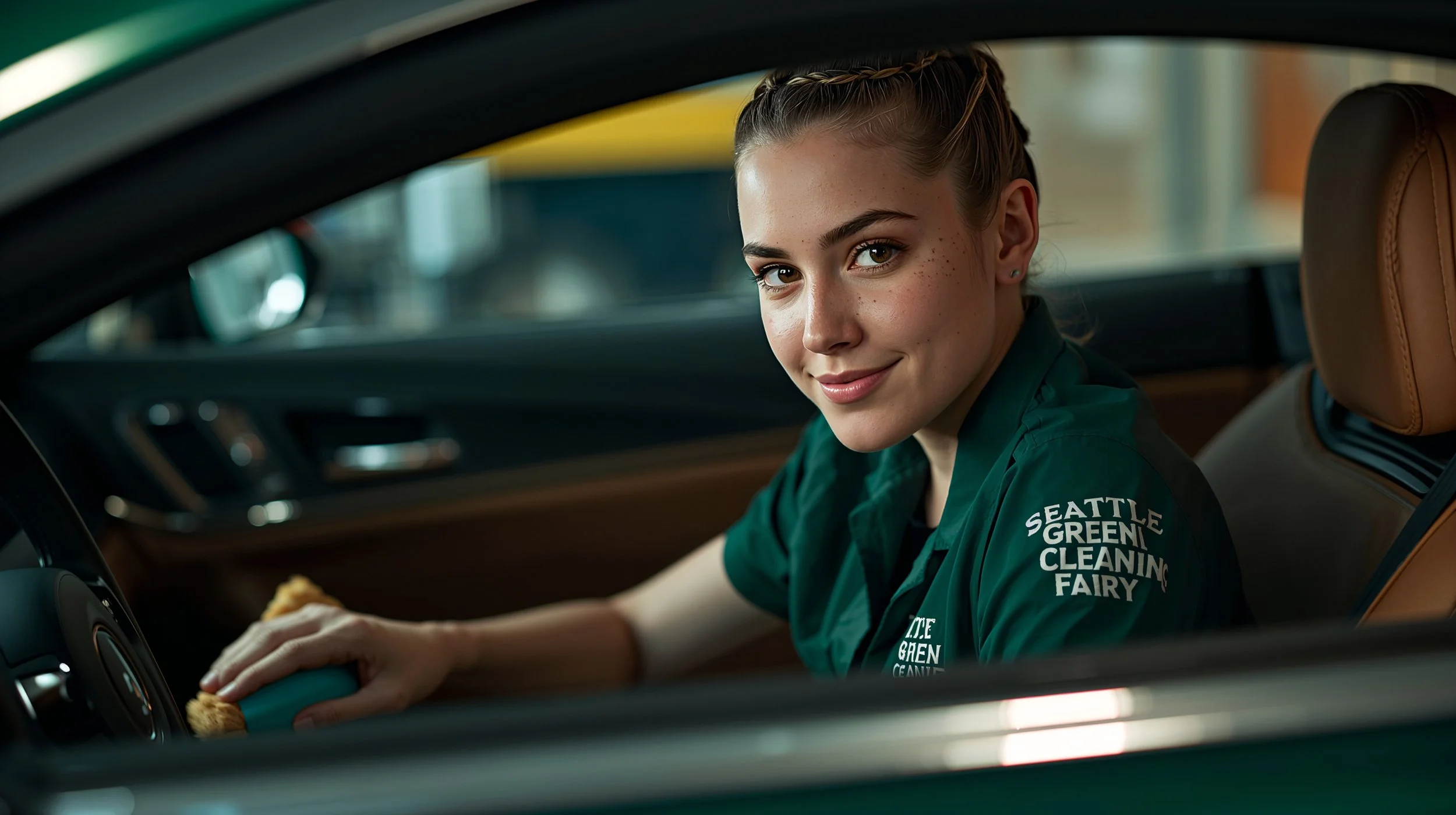 Luxury coupe interior console cleaning in Seattle