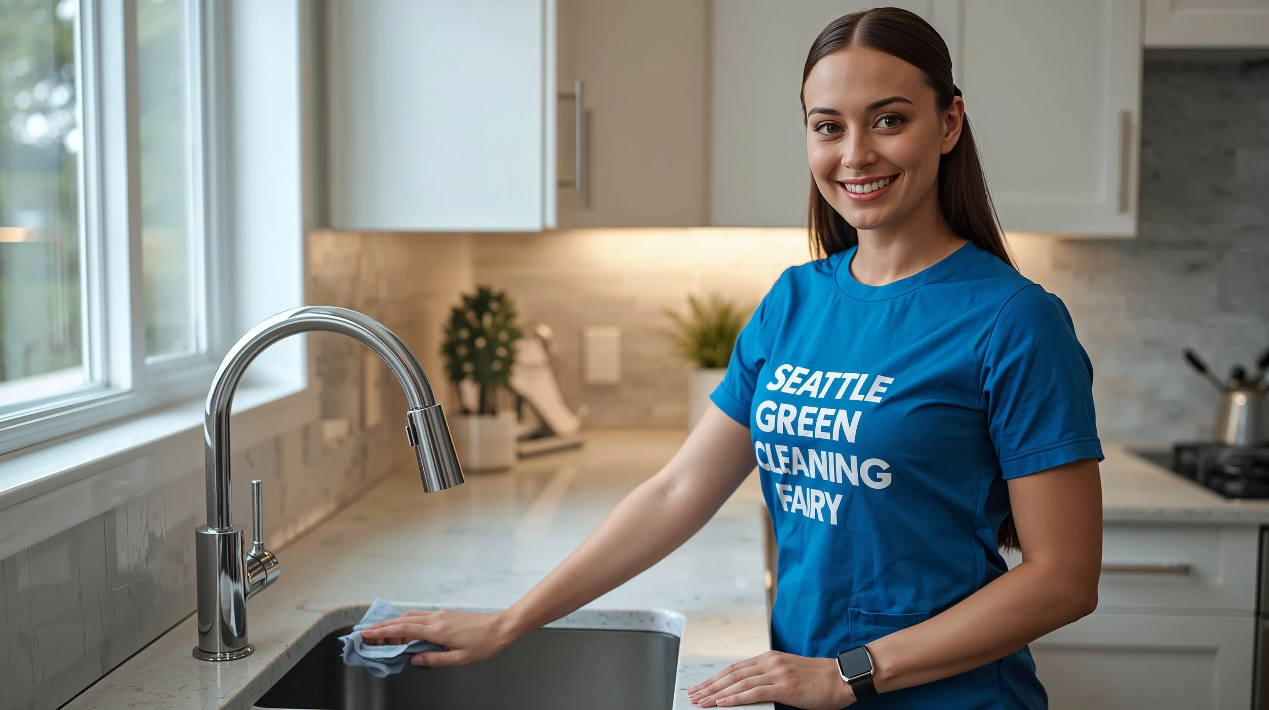 Professional cleaner polishing a kitchen faucet in a bright Bellevue kitchen while wearing a blue SEATTLE GREEN CLEANING FAIRY uniform.