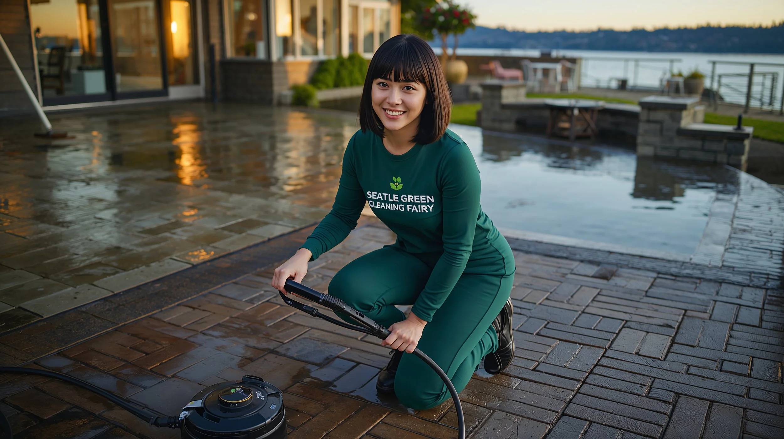 Seattle patio paver cleaning professional restoring brick surface near waterfront home.