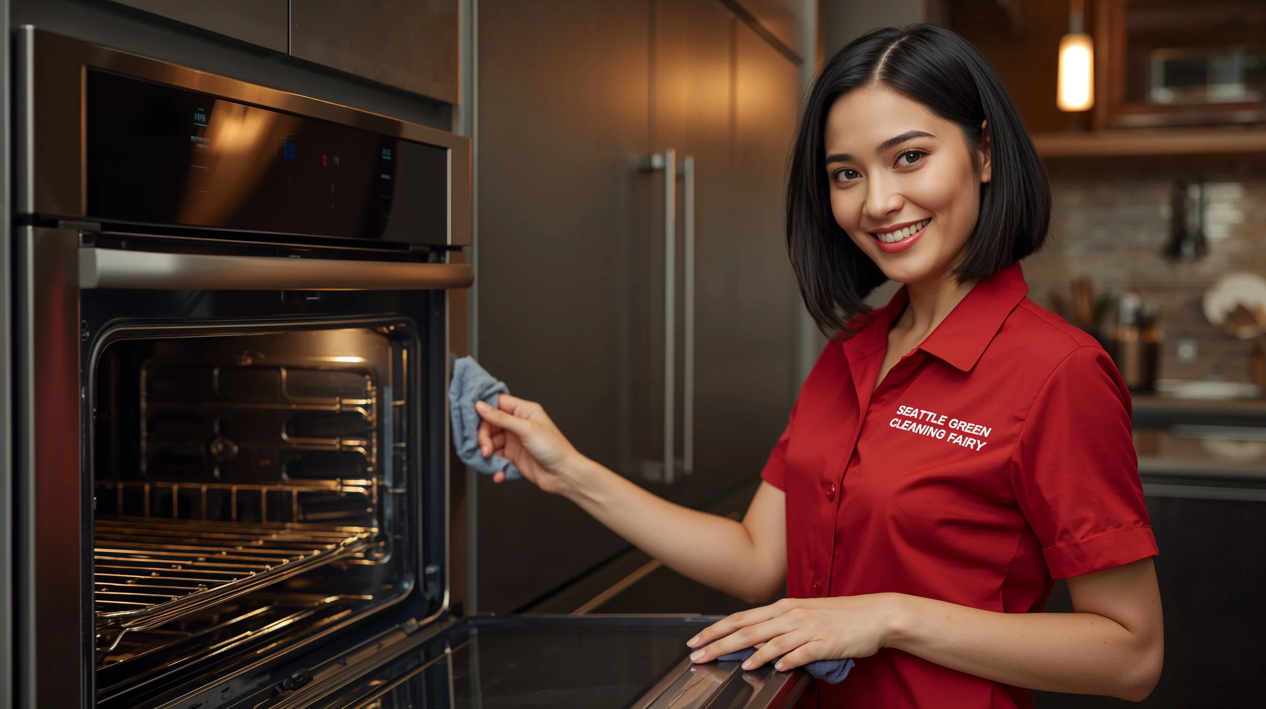 Smiling oven cleaning specialist presenting a freshly cleaned oven interior in a luxury Bellevue kitchen.