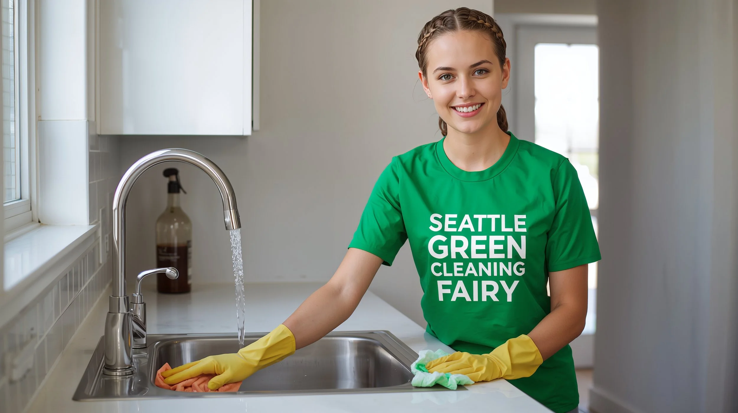 Seattle Green Cleaning Fairy cleaning a kitchen sink and faucet in Kent Washington