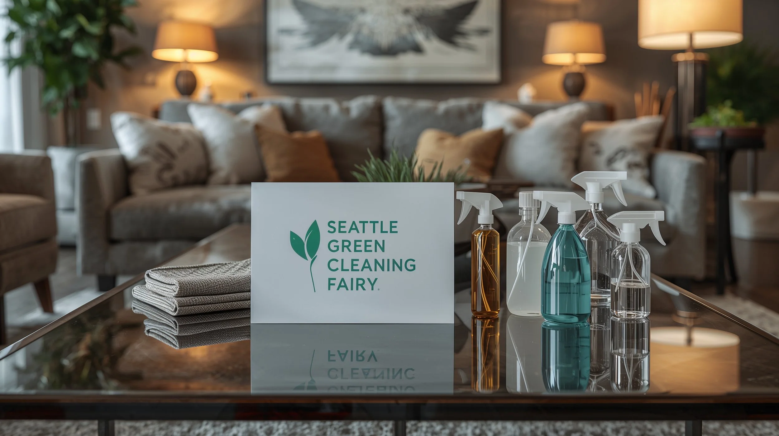 Spotless Denny-Blaine Seattle living room with Seattle Green Cleaning Fairy logo and supplies