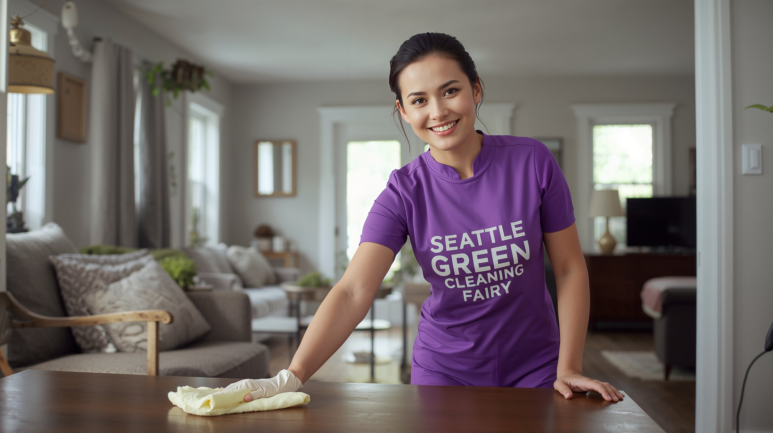 Seattle Green Cleaning Fairy cleaning a bungalow living room in South Park Seattle