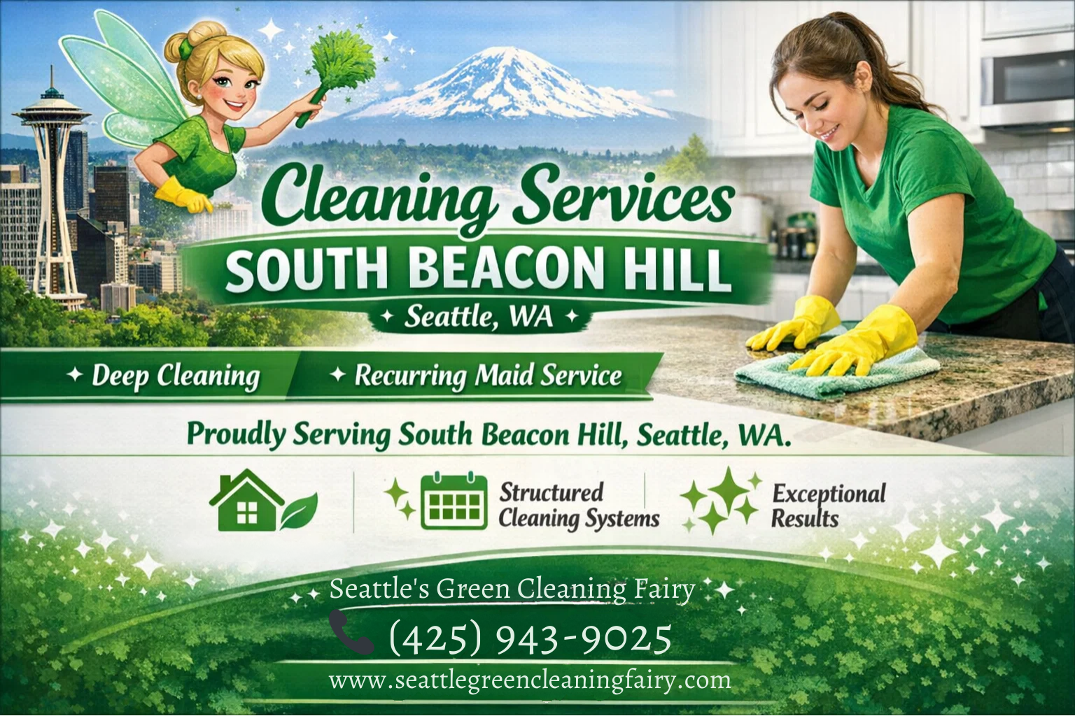 cleaning services in South Beacon Hill, Seattle, WA, featuring professional house cleaning, deep cleaning, and recurring maid service by Seattle’s Green Cleaning Fairy.