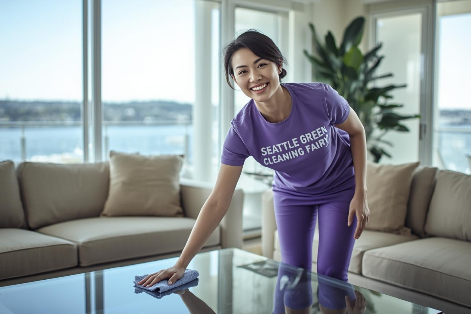 Seattle Green Cleaning Fairy cleaning a waterfront living room in Sand Point Seattle