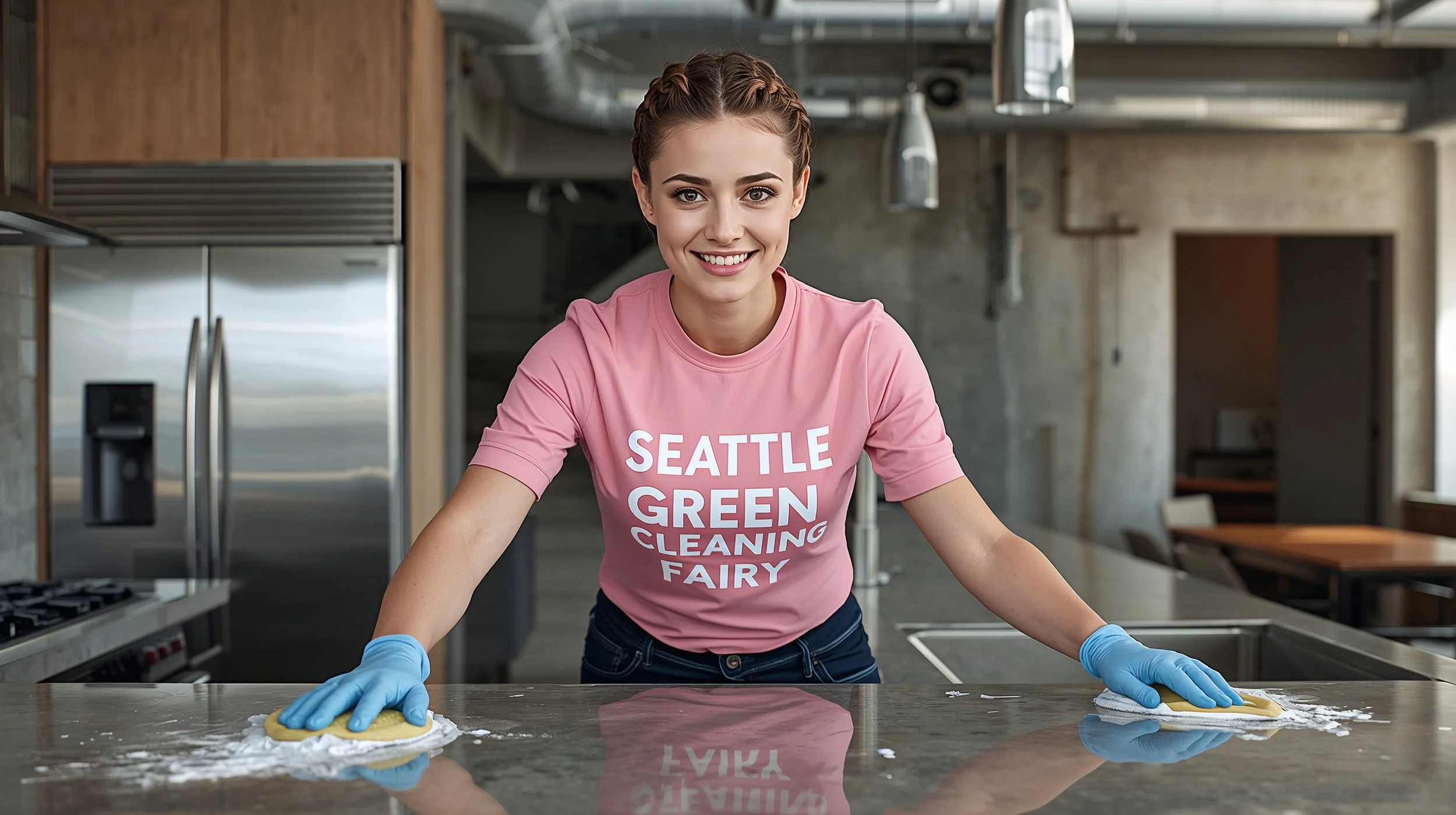 Skilled concrete countertop scrubbing in SoDo kitchen – Seattle Green Cleaning Fairy
