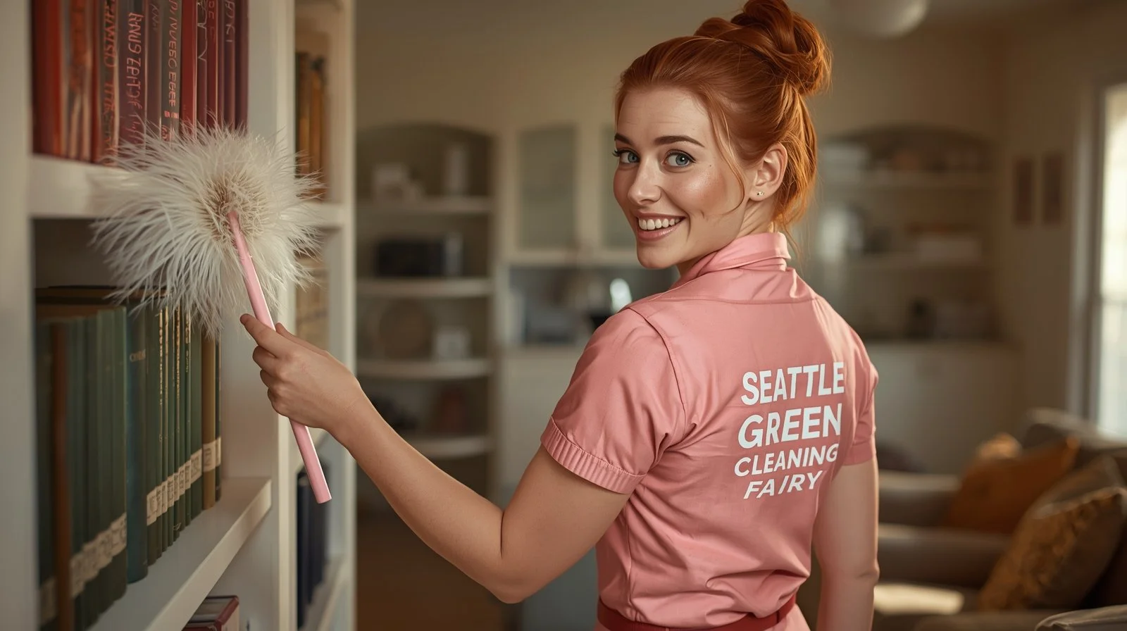 Upbeat Irish woman in figure-hugging pink uniform dusting bookshelf in pristine Columbia City interior, Seattle WA, displaying Seattle Green Cleaning Fairy branding