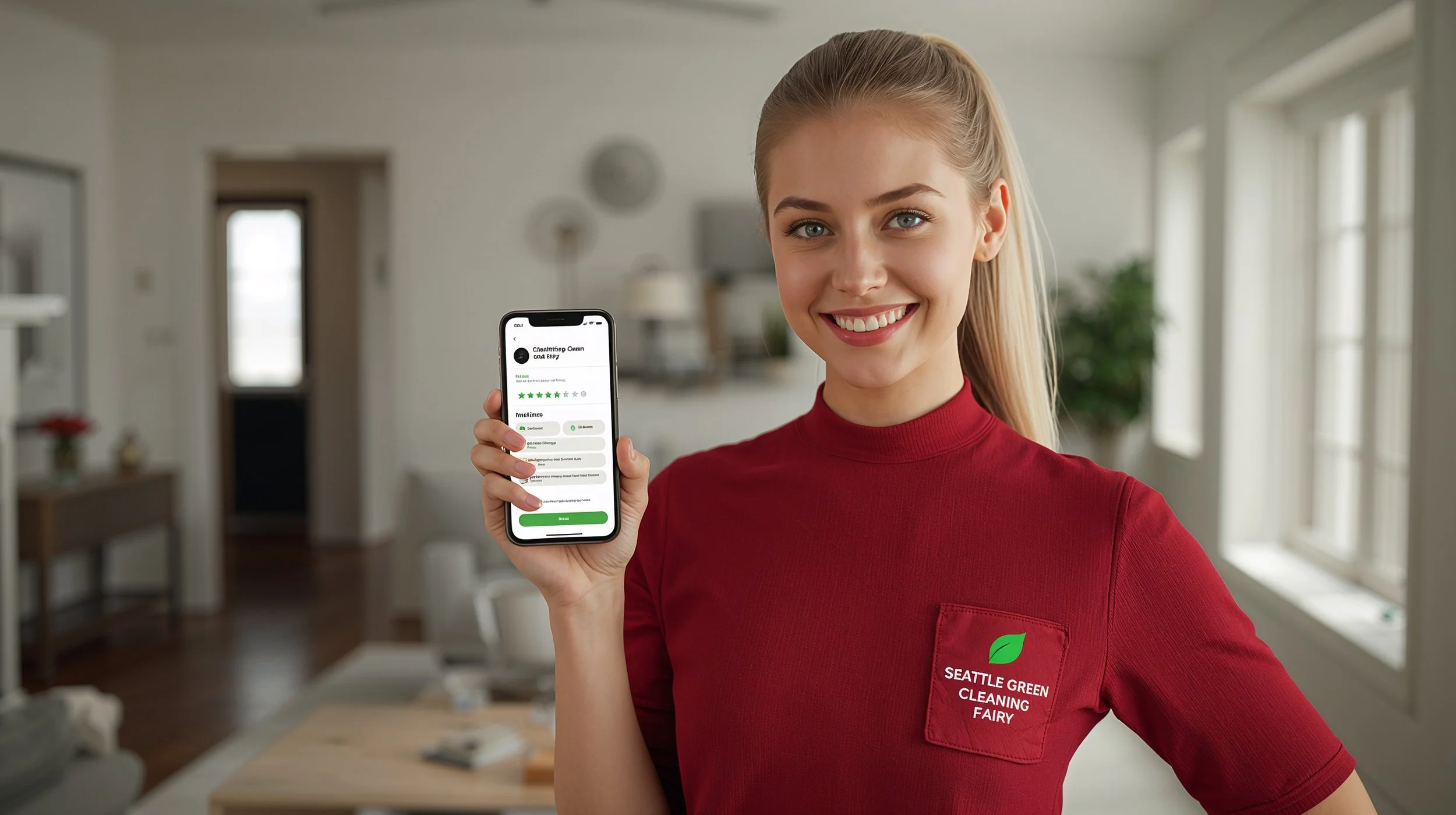 Cleaner displaying app review screen after completed home cleaning in Seattle