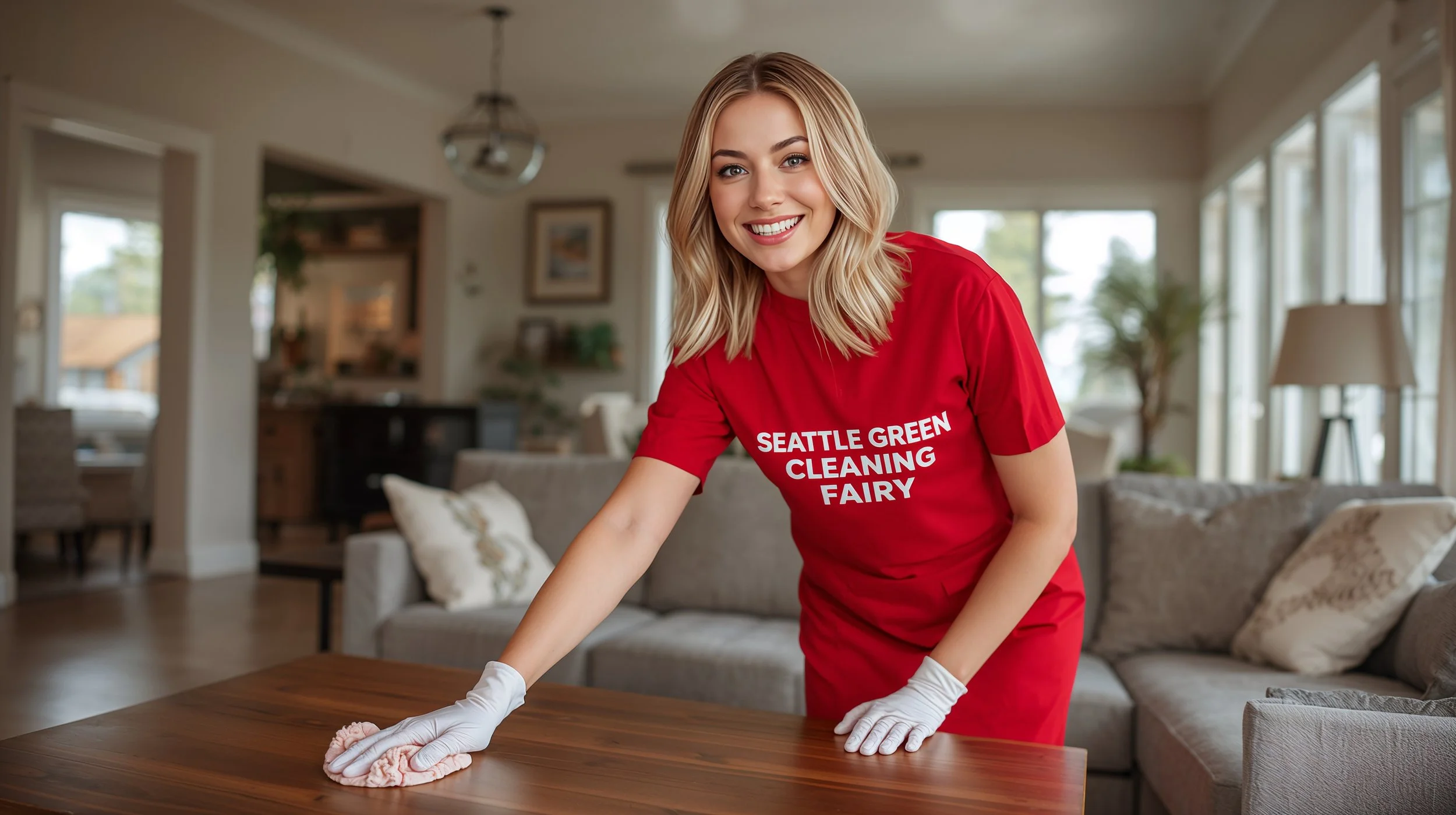 Seattle Green Cleaning Fairy polishing a coffee table in a Bainbridge Island living room